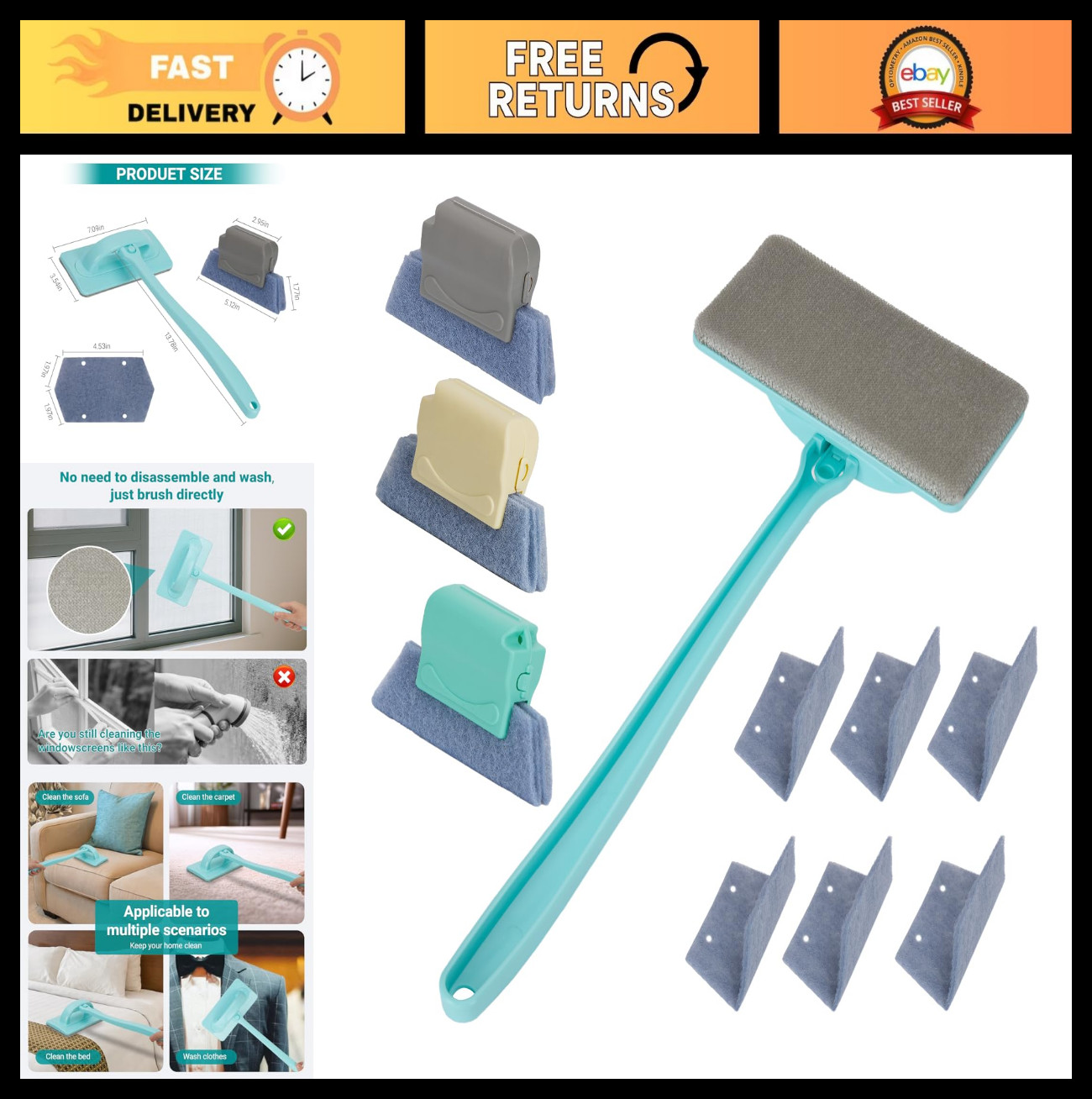 Versatile Window Cleaner Tool Set – 3 Track Brushes, 6 Cloths, Wet/Dry Use