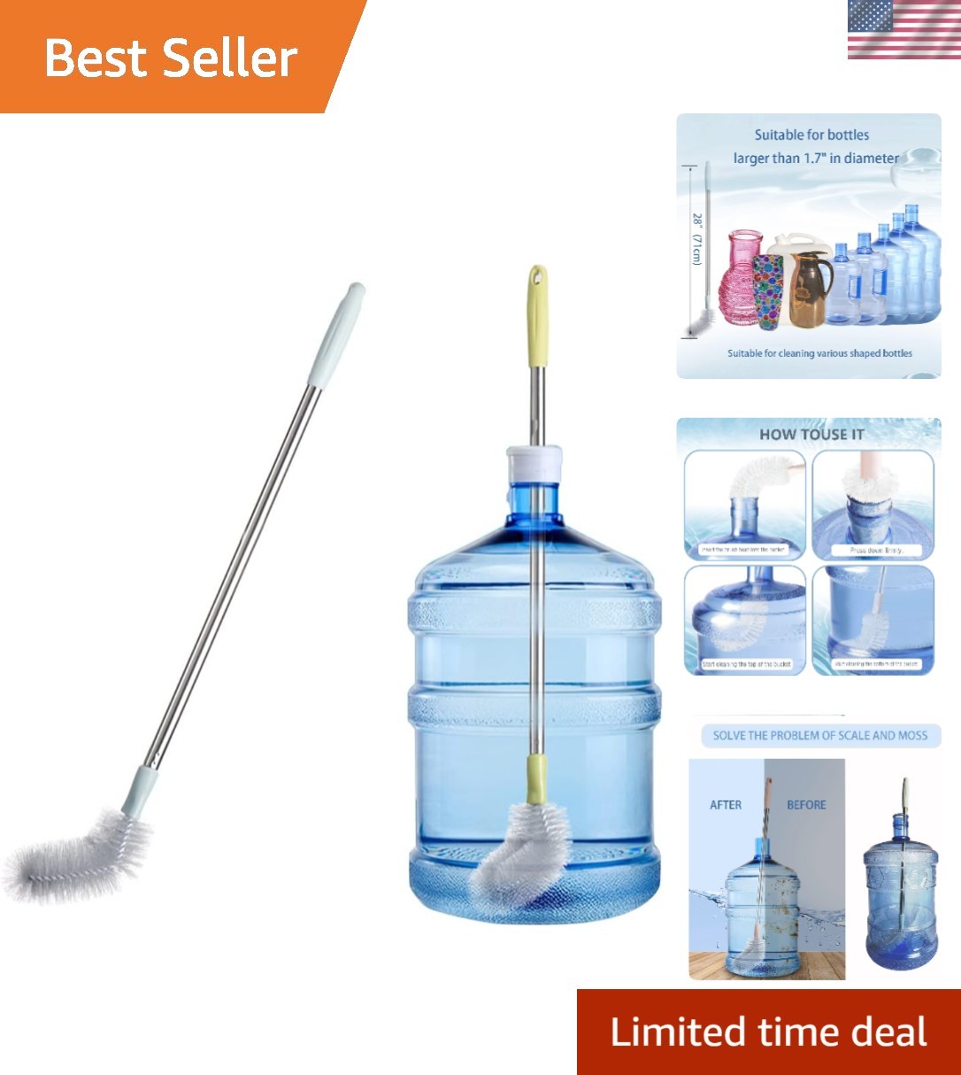 28″ Bendable Cleaning Brush for 3 & 5 Gallon Bottles – 2 Pack of Durable Brushes