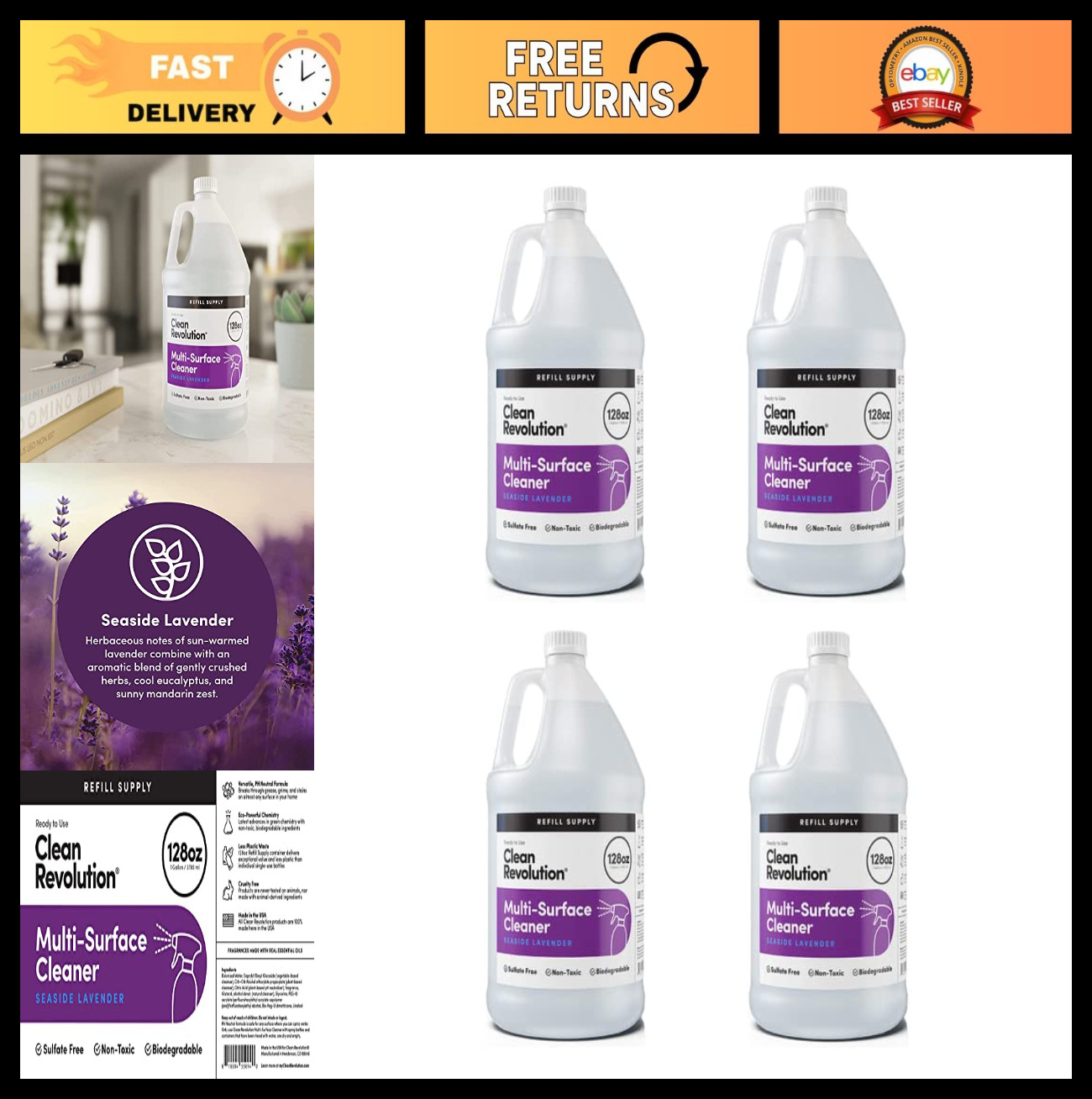 Eco-Friendly Multi-Surface Cleaner Refill, Non-Toxic Plant-Based, Seaside Lavend