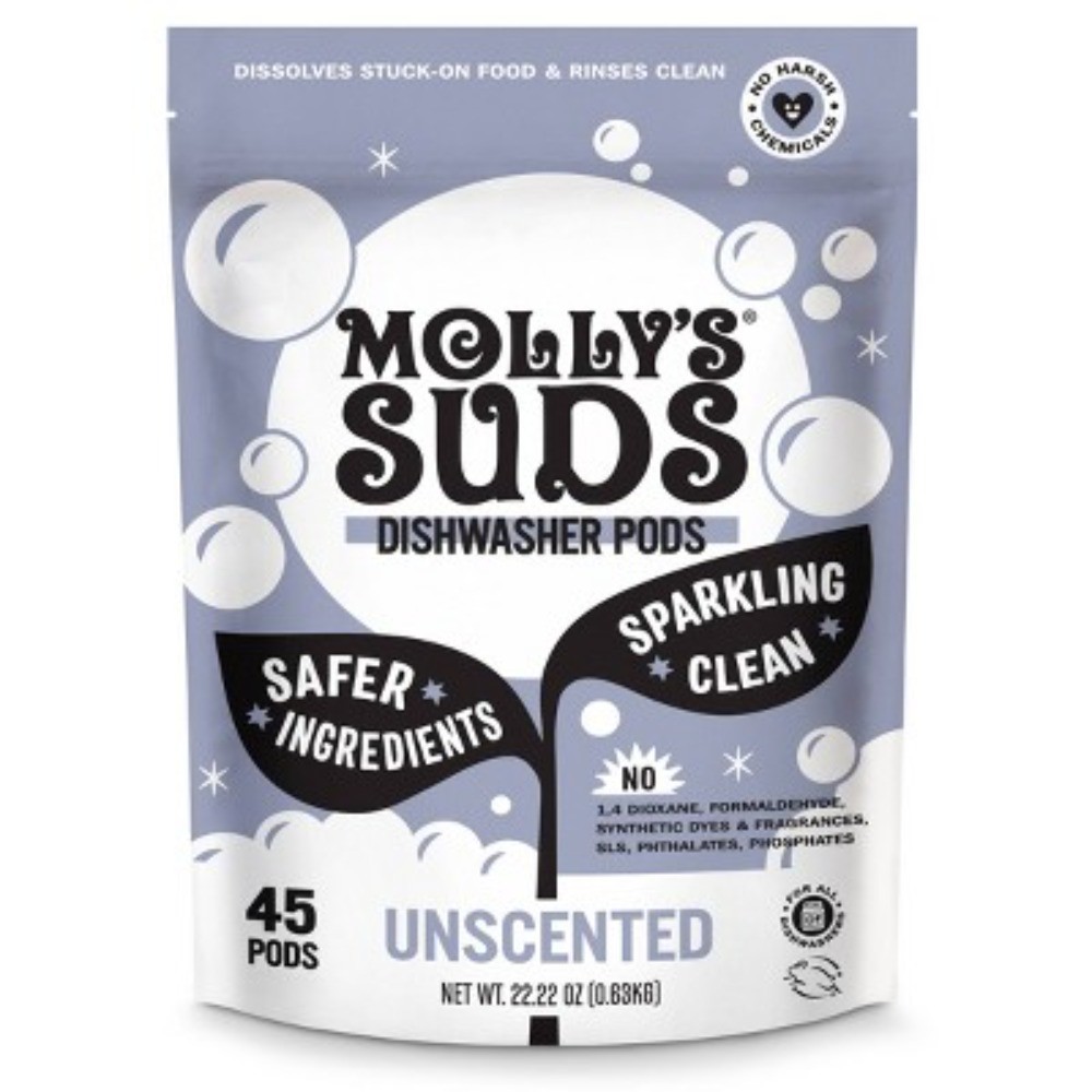 Molly’s Suds Dishwasher Pods, Unscented, 45ct, Paraben/Phosphate-Free, Vegan