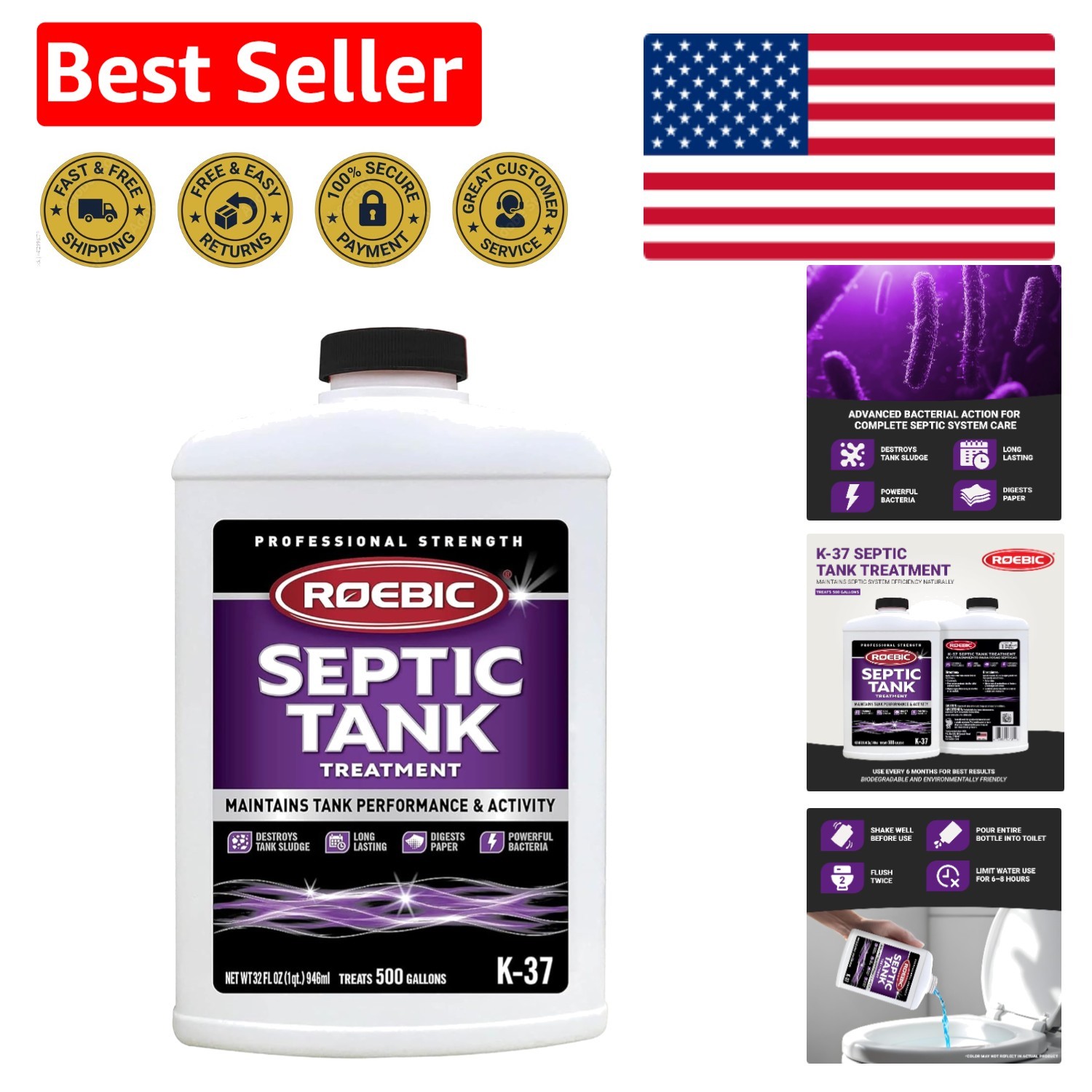 Eco-Friendly 32 Ounce Septic Tank Treatment with Bacteria Enzymes – Lasts 1