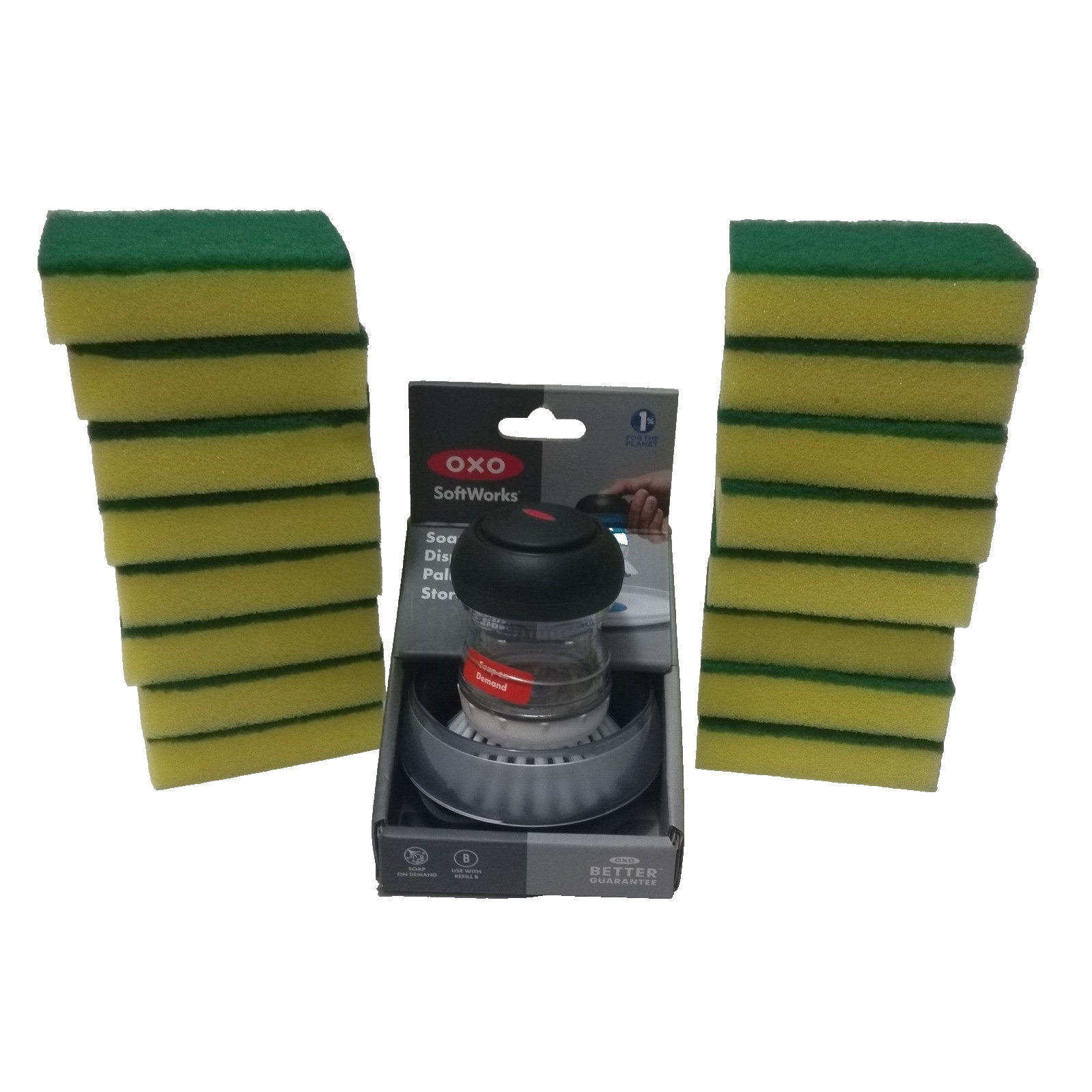 Oxo soap dispensing palm brush storage set and 16 Unbranded Scrub Sponges
