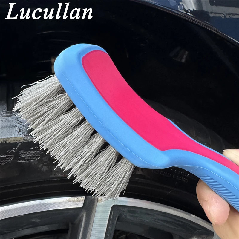 Lucullan Tire Cleaning Brush Medium Stiff Synthetic Bristles Ergonomic Grip Pink
