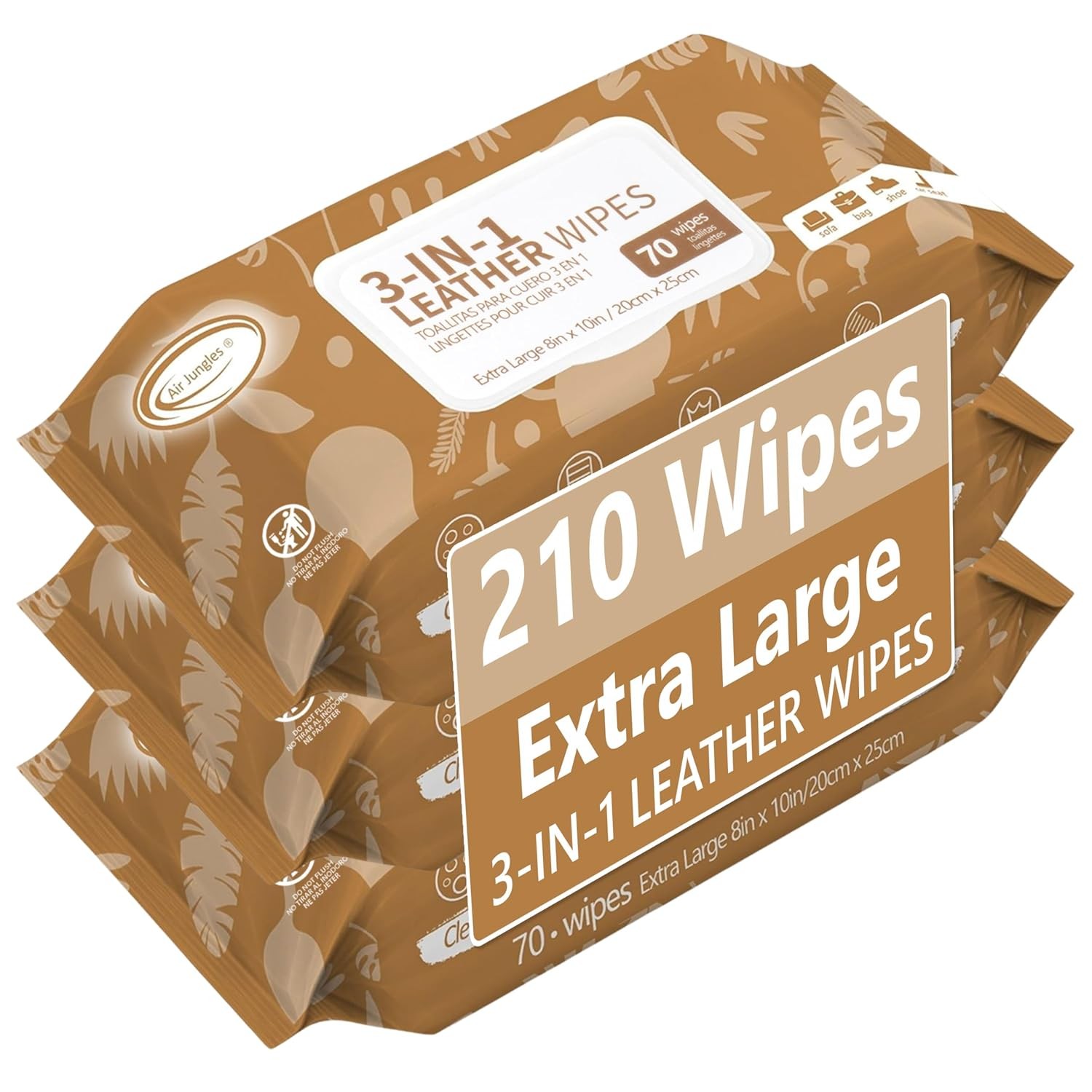 Air Jungles 3in1 Leather Cleaner Wipes 70 Count (Pack of 3), Extra Large 8″ x 10