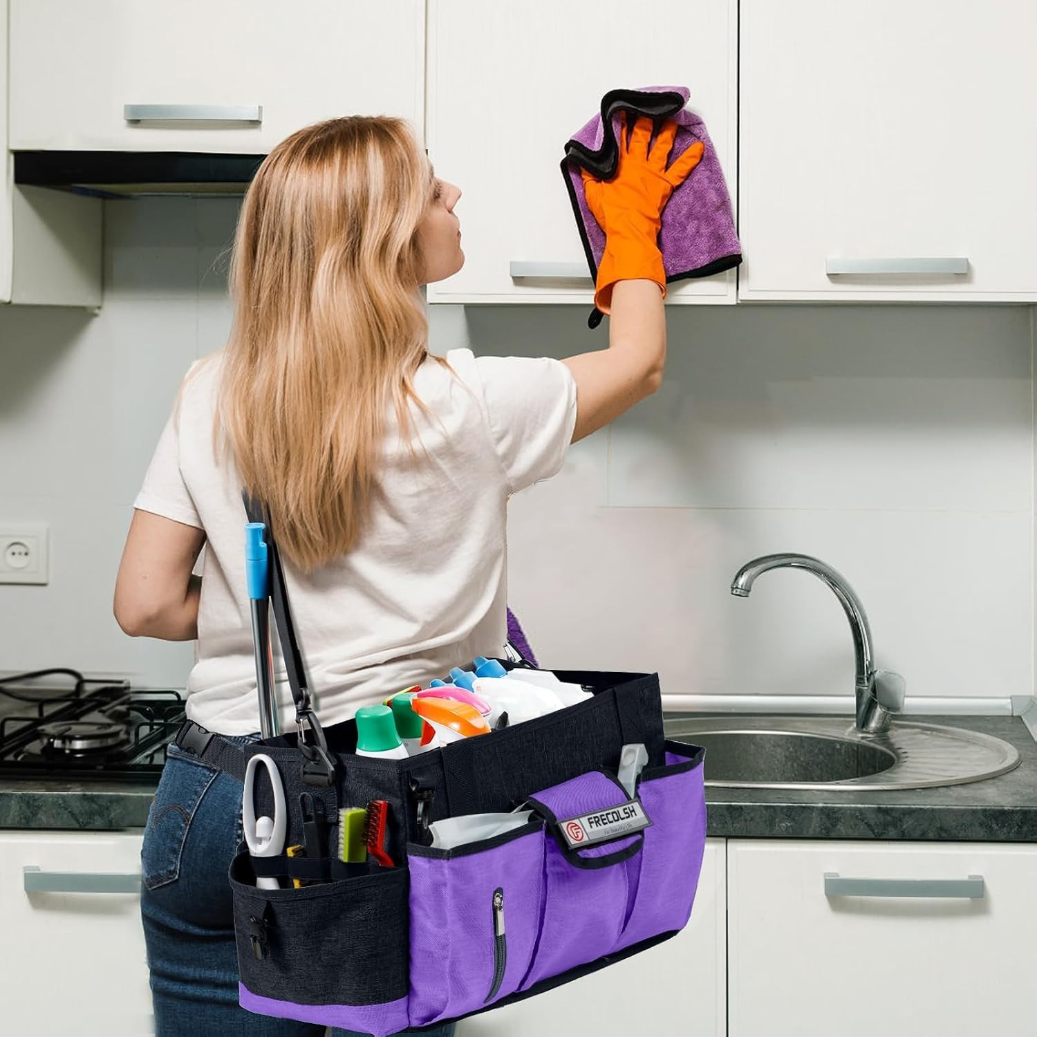 Sturdy Purple Cleaning Organizer with Waterproof Pockets for Housekeeping Needs
