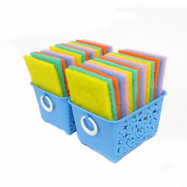 NEW – Set of 2 Colorful Scouring Scrubbers In Blue Organizer Basket, 30 Total