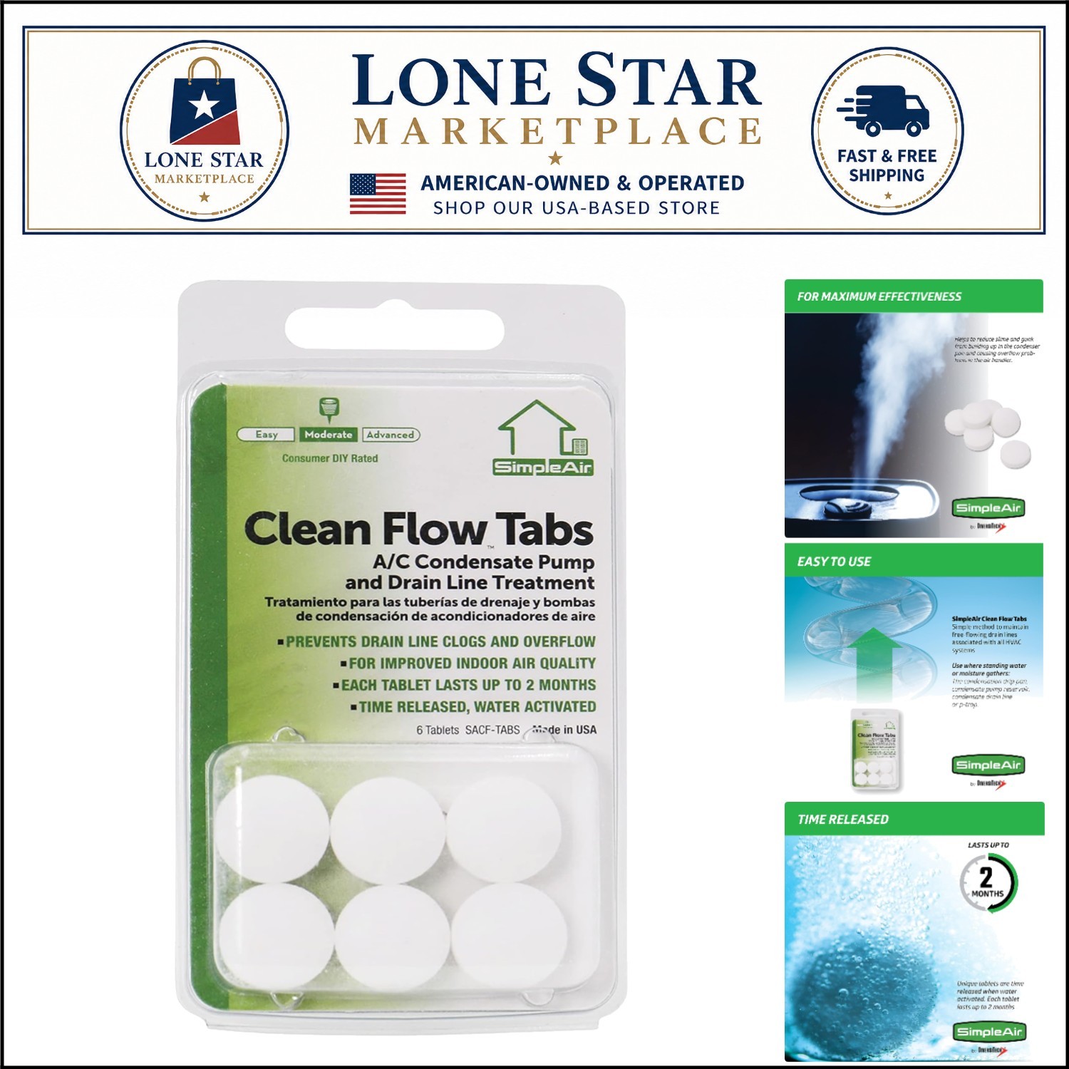 6 Pack SACF Clean Flow Tabs for Effortless HVAC Drain Line Care – Biodegradable