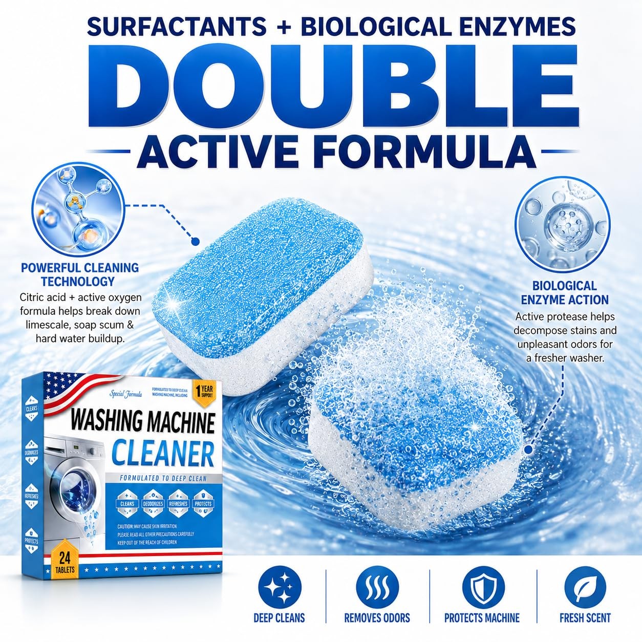 Bio-Enzyme Washing Machine Cleaner Tablets 24 Pack, 5X Power Deep Cleaning Wa…