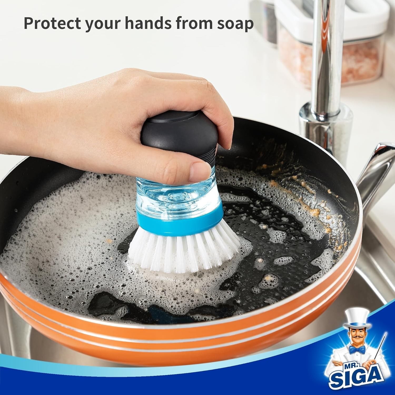 Soap Dispensing Palm Brush Kitchen Dish Scrubber for Pot Sink Cleaning Navy
