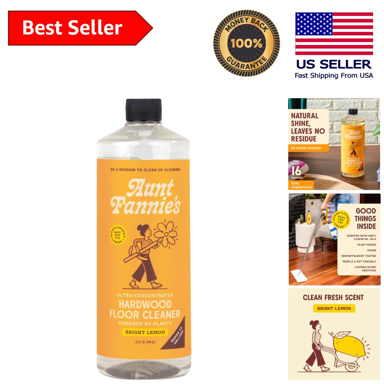 Plant-Based Ultra Concentrated Lemon Scent Hardwood Cleaner – 32 oz Eco Friendly