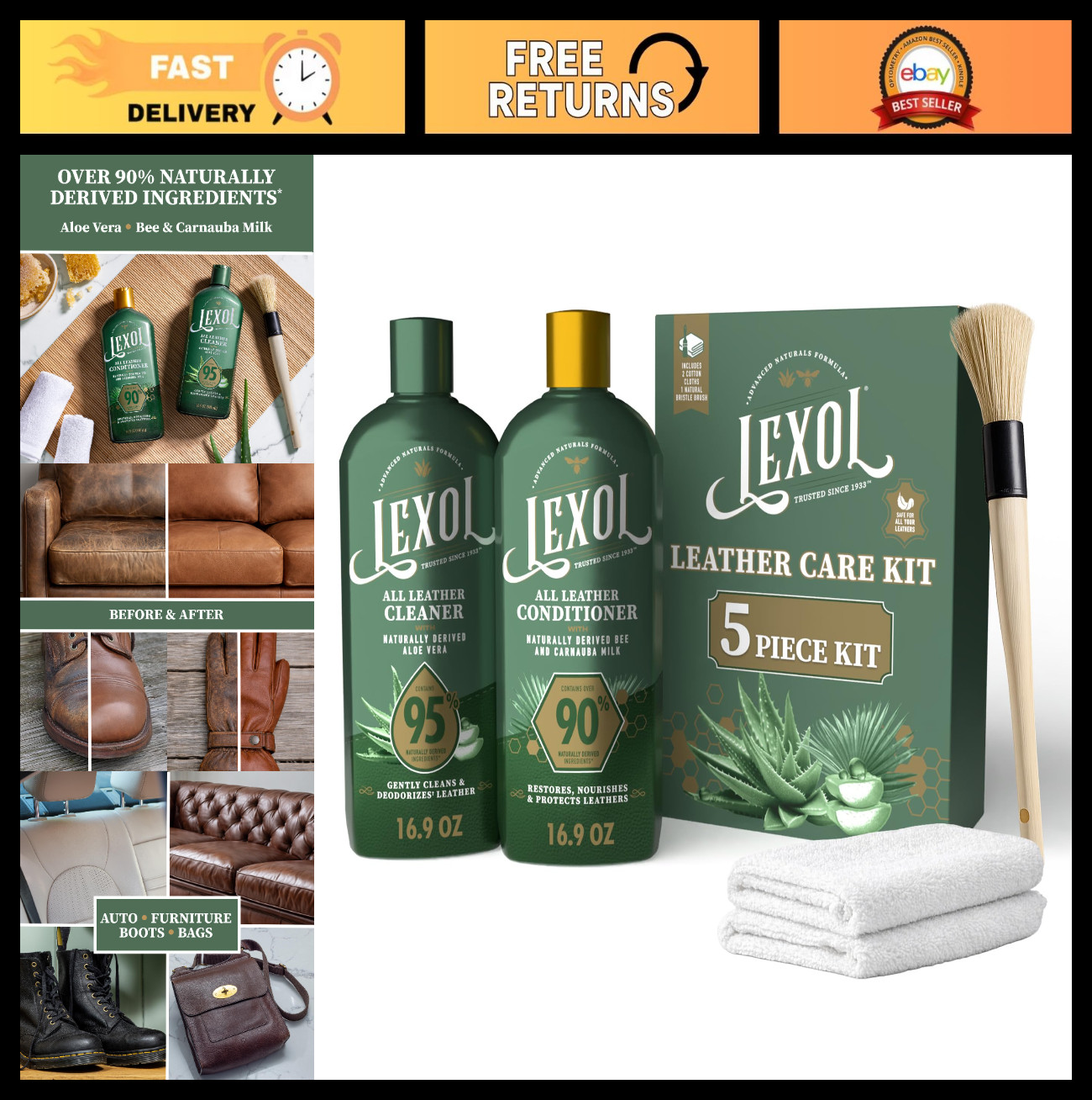 5-Piece Leather Care Kit – Natural Cleaner & Conditioner, Aloe Vera, Cloths & Br