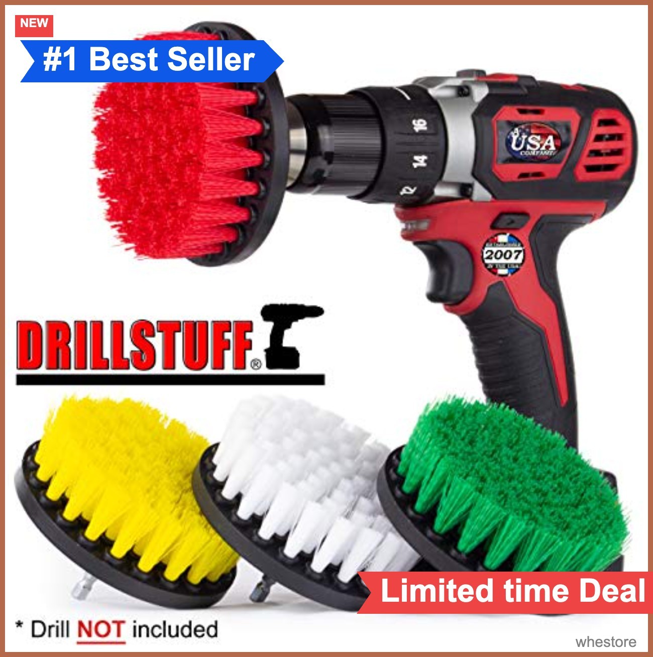Drill Brush Attachment Power Scrubber 4 Piece Set Soft Medium Stiff Nylon 4