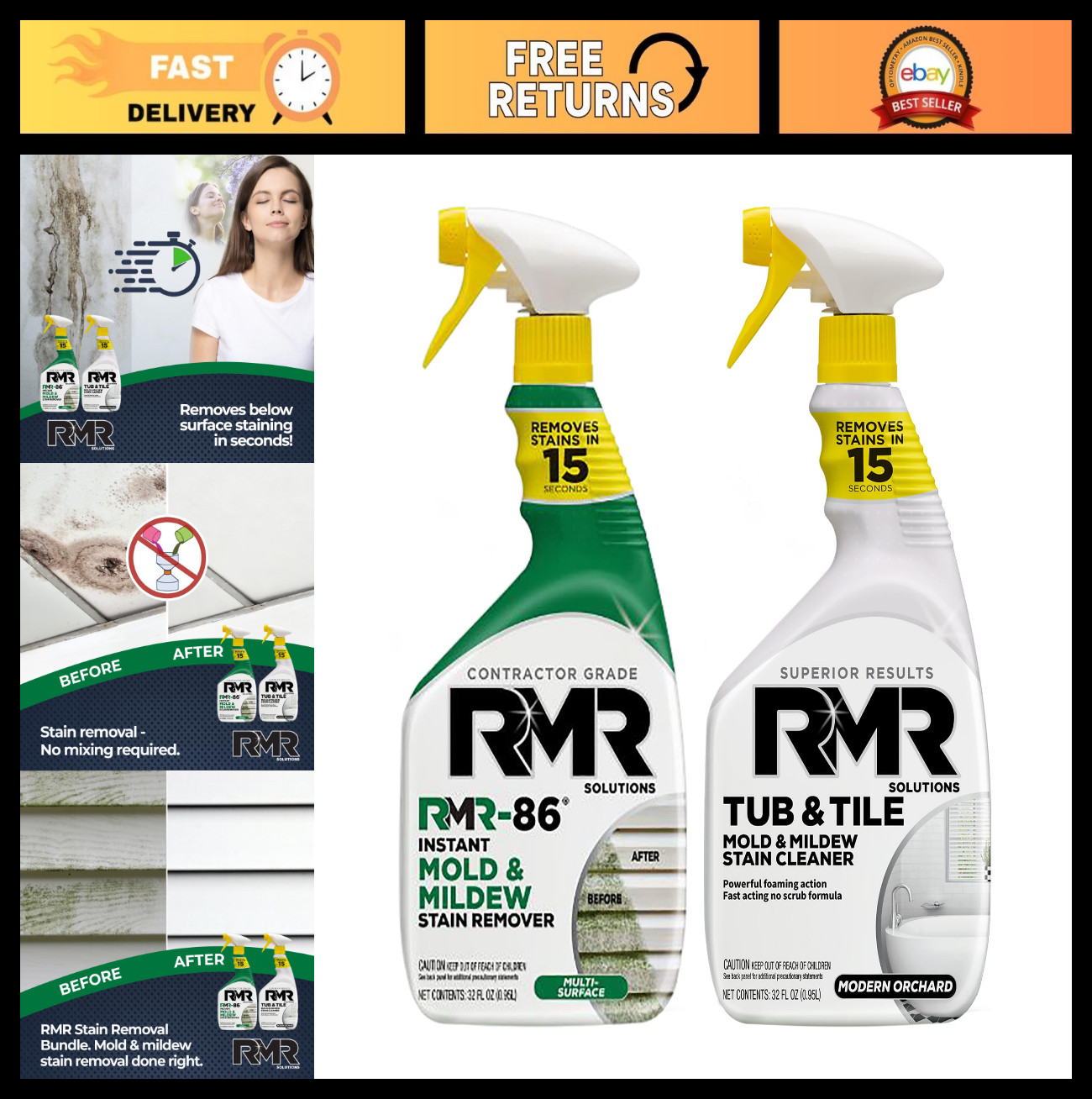 Mold & Mildew Stain Remover Kit – No-Scrub Tub & Tile Cleaner, 2x32oz Spray Bott