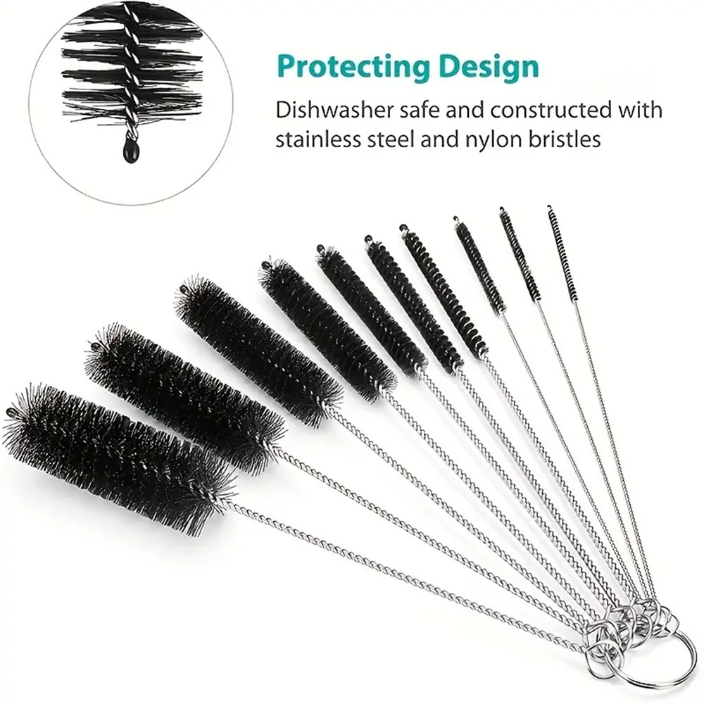 10 Straw Cleaning Brushes Nylon Bristle Stainless Steel Wire Drink Pipe Cleaner