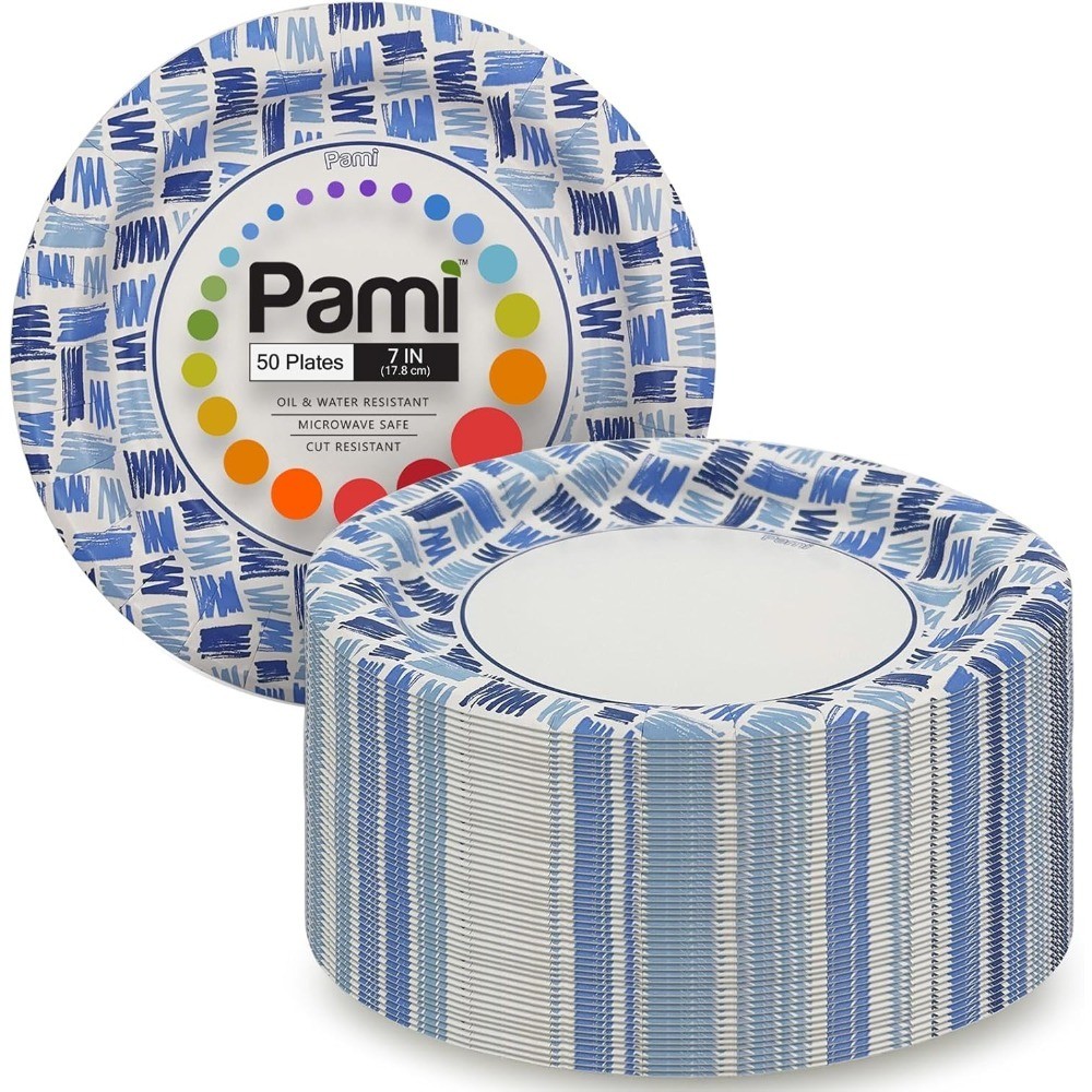 Heavy Duty 7 Inch Round Paper Plates 50 Pack Blue Microwave Safe Oil Water Cut