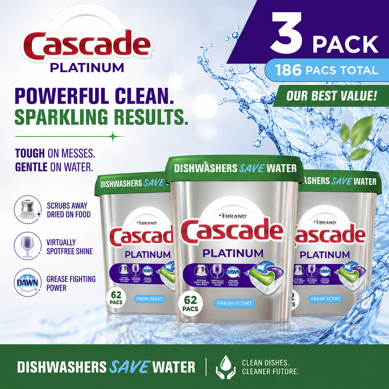 Cascade Platinum Dishwasher Pods, Actionpacs, Fresh Scent, 186 Total Pods