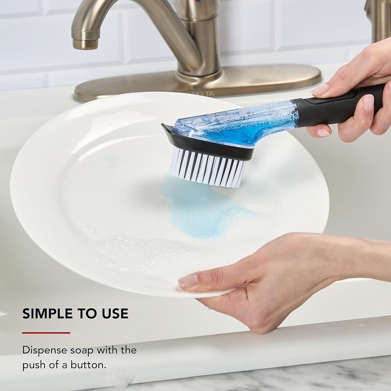 Dish Brush W/ Soap Dispenser Durable Nylon Bristles Easy Grip Kitchen Tool New