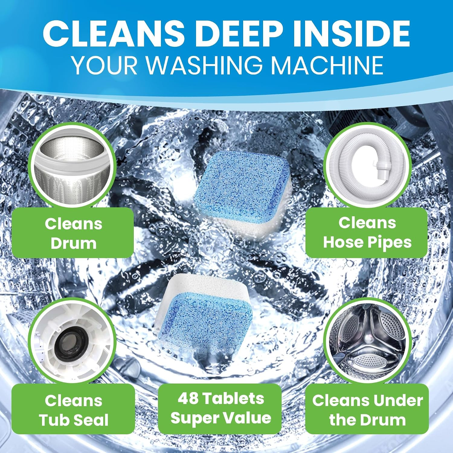 Washing Machine Cleaner Tablets 48 Pack – Deep Cleaning Descaler for HE, Front &