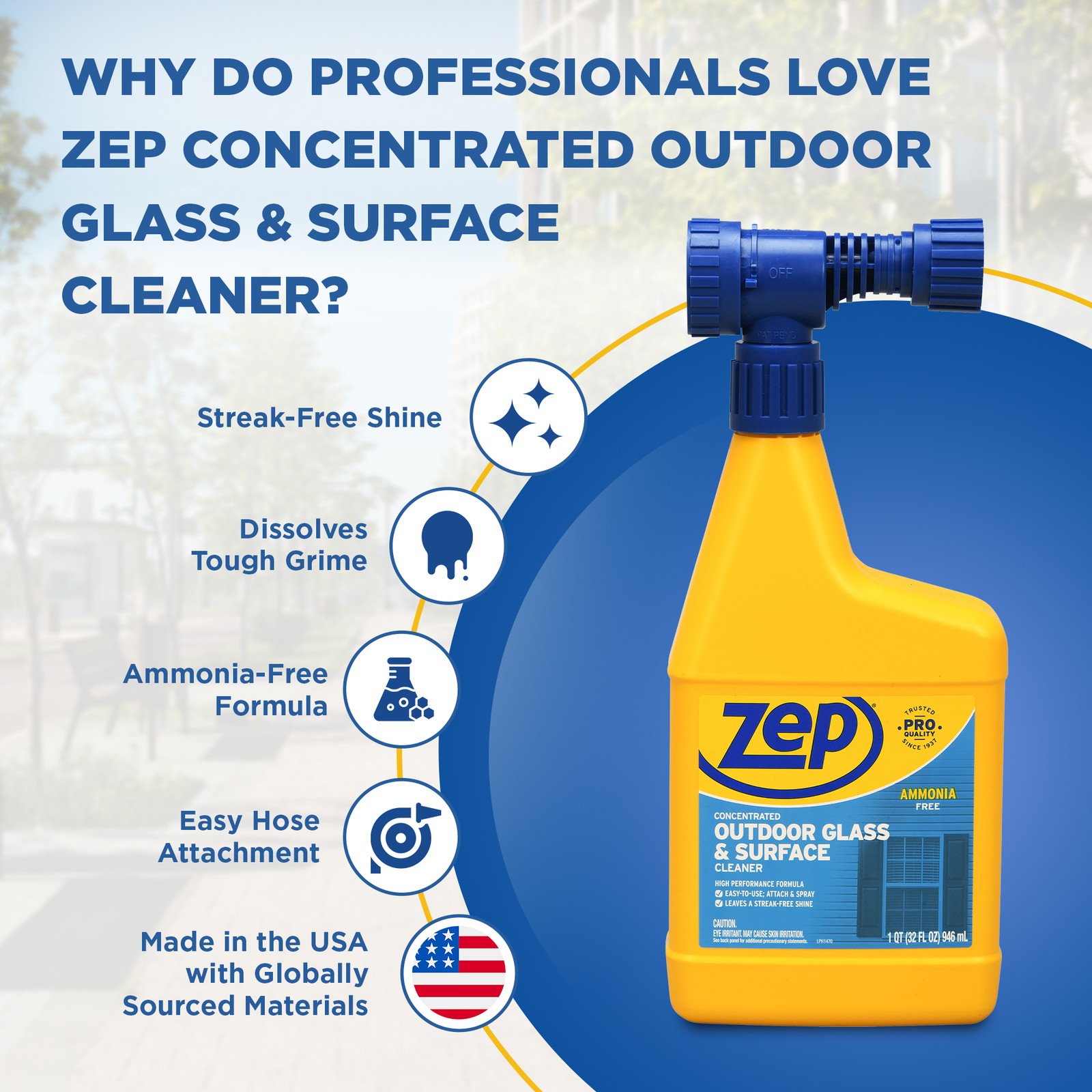 Zep Hose End Outdoor Glass and Surface Cleaner – 32 oz (Case of 6) – U49910 –