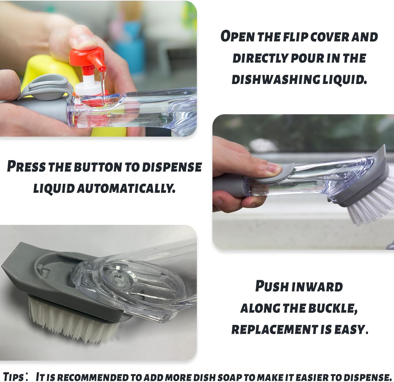 Dish Brush,Dish Scrubber with Soap Dispenser Dish Wand Kitchen Brushes for Di…