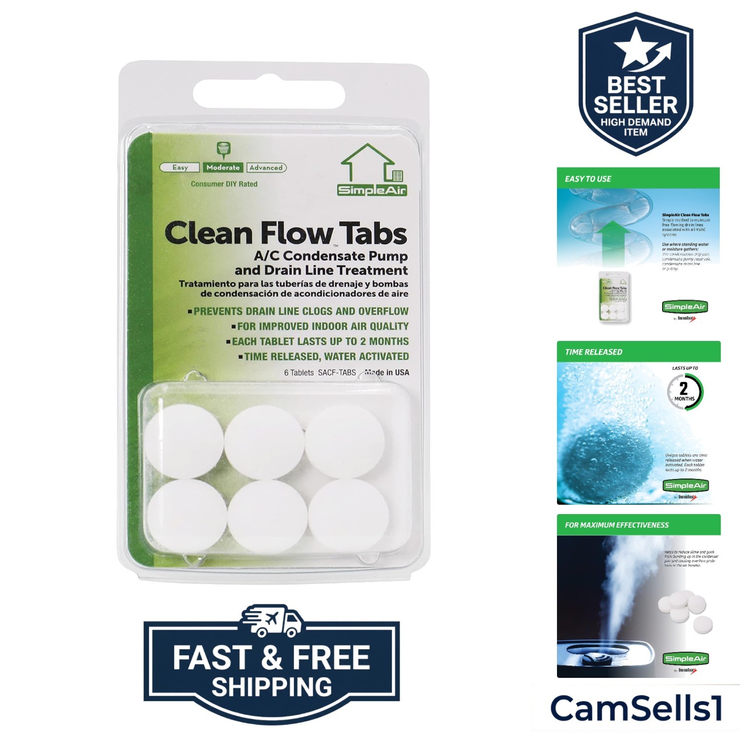 SACF Drain Line Clean Flow Tabs, for AC Units, HVAC Systems, Dehumidifiers, C…