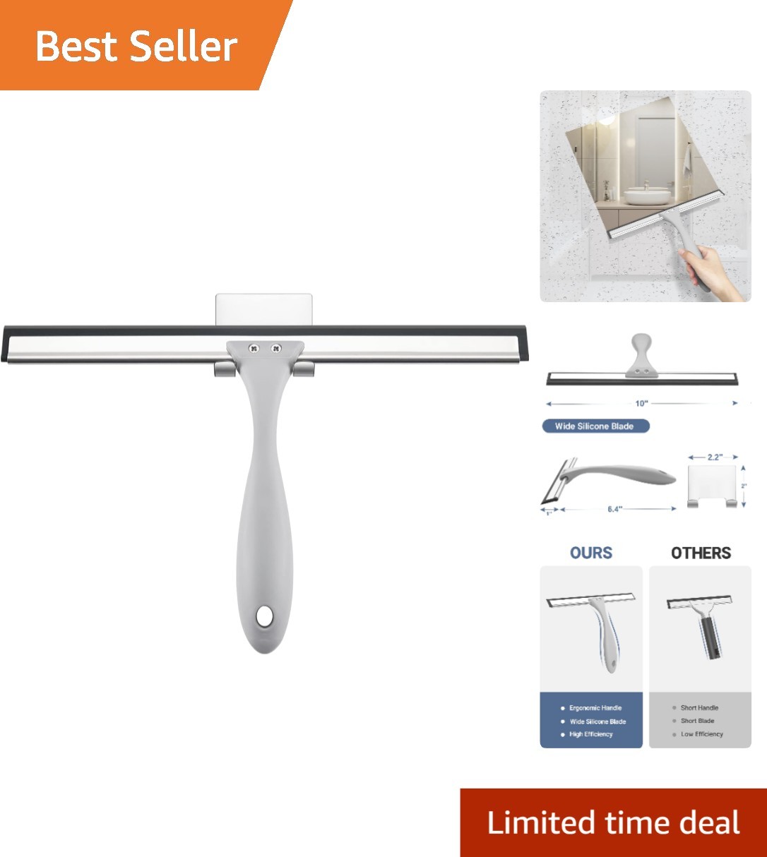 All-Purpose 10 Inch Shower Squeegee with Hook for Glass Mirrors Windows
