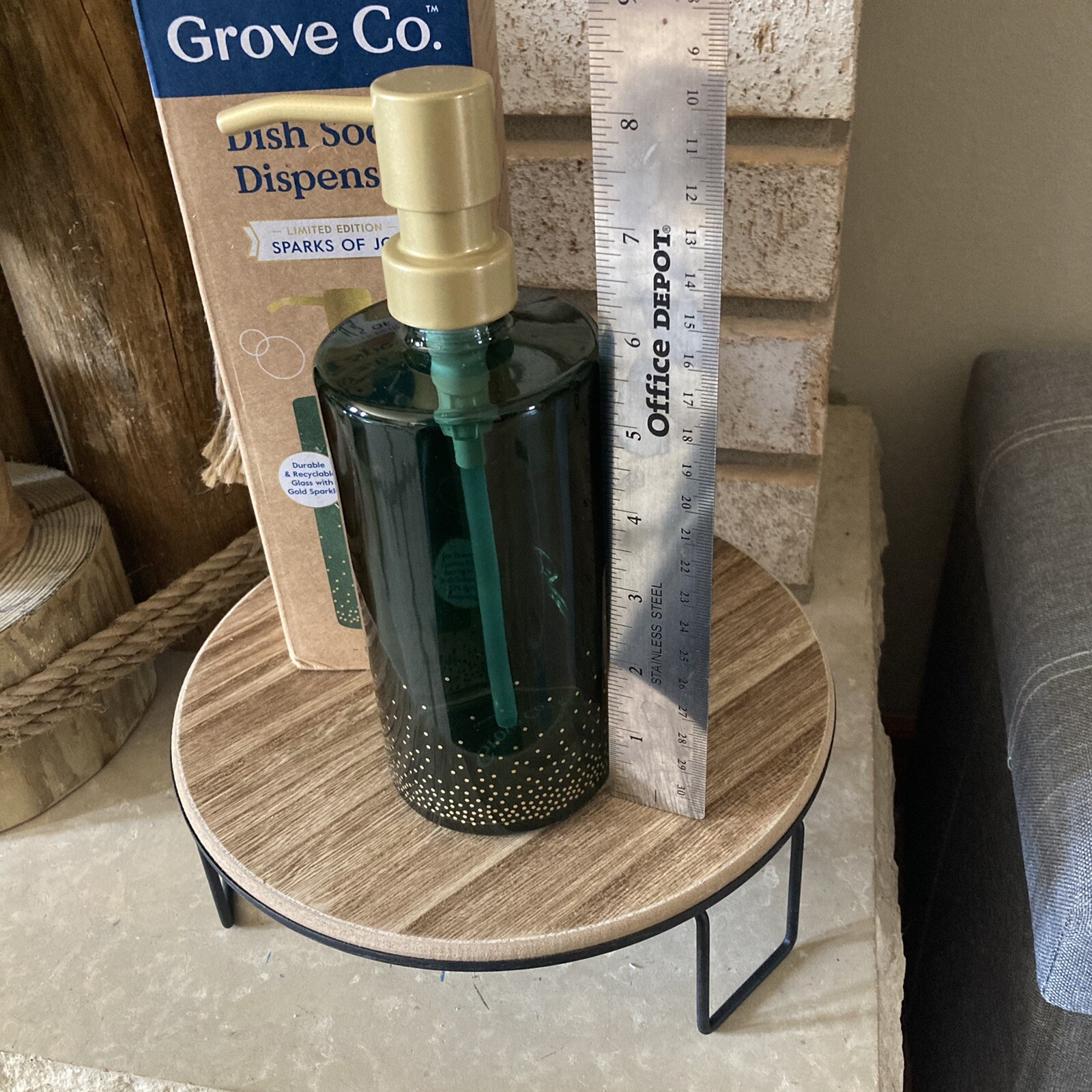 Grove Co GLASS Dish Soap Dispenser – Sparks of Joy – 16oz – Green And Gold *NEW*