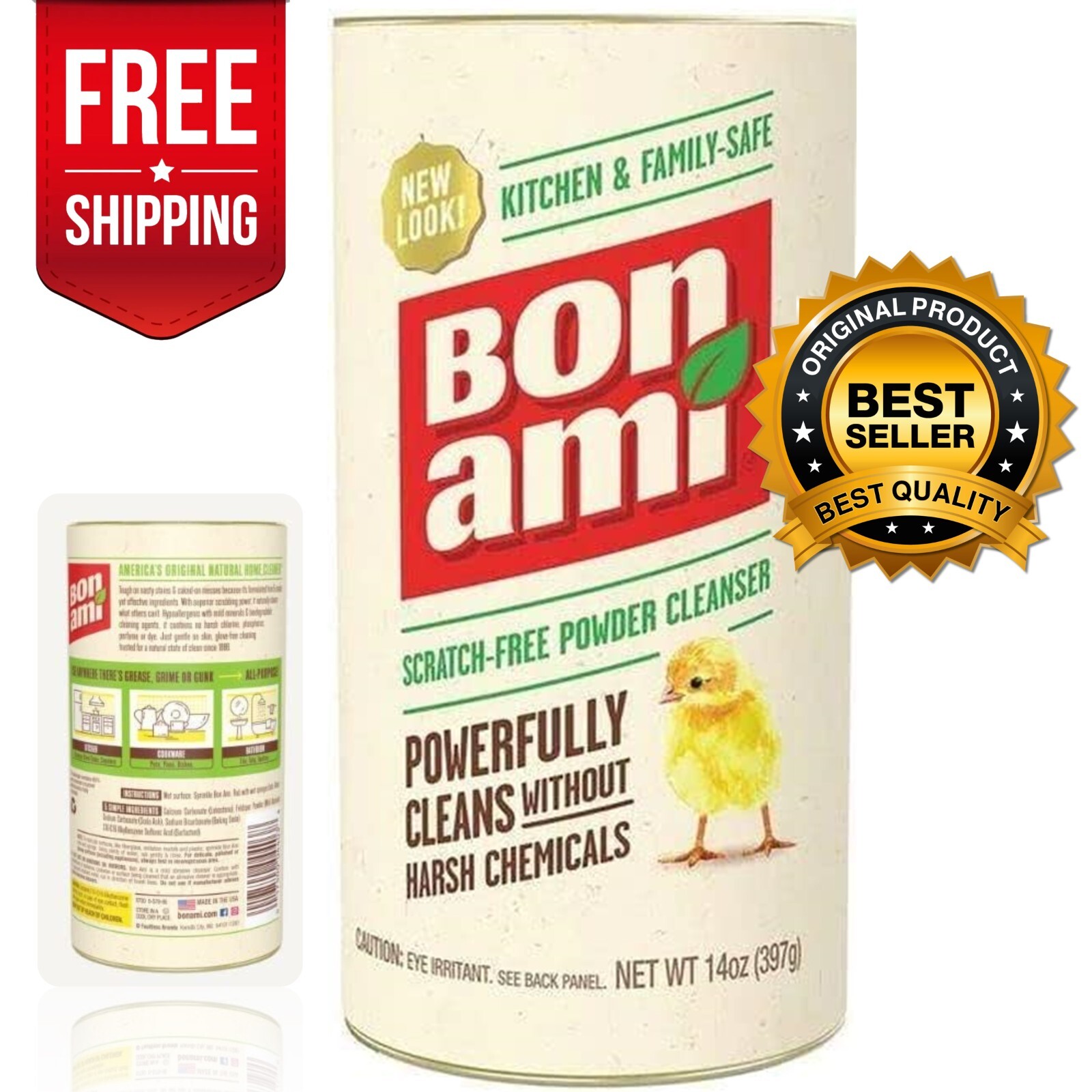 Bon Ami POWDER CLEANSER 14 oz. No Scent Cleaner Kitchen Bath Surfaces Pack 6 NEW