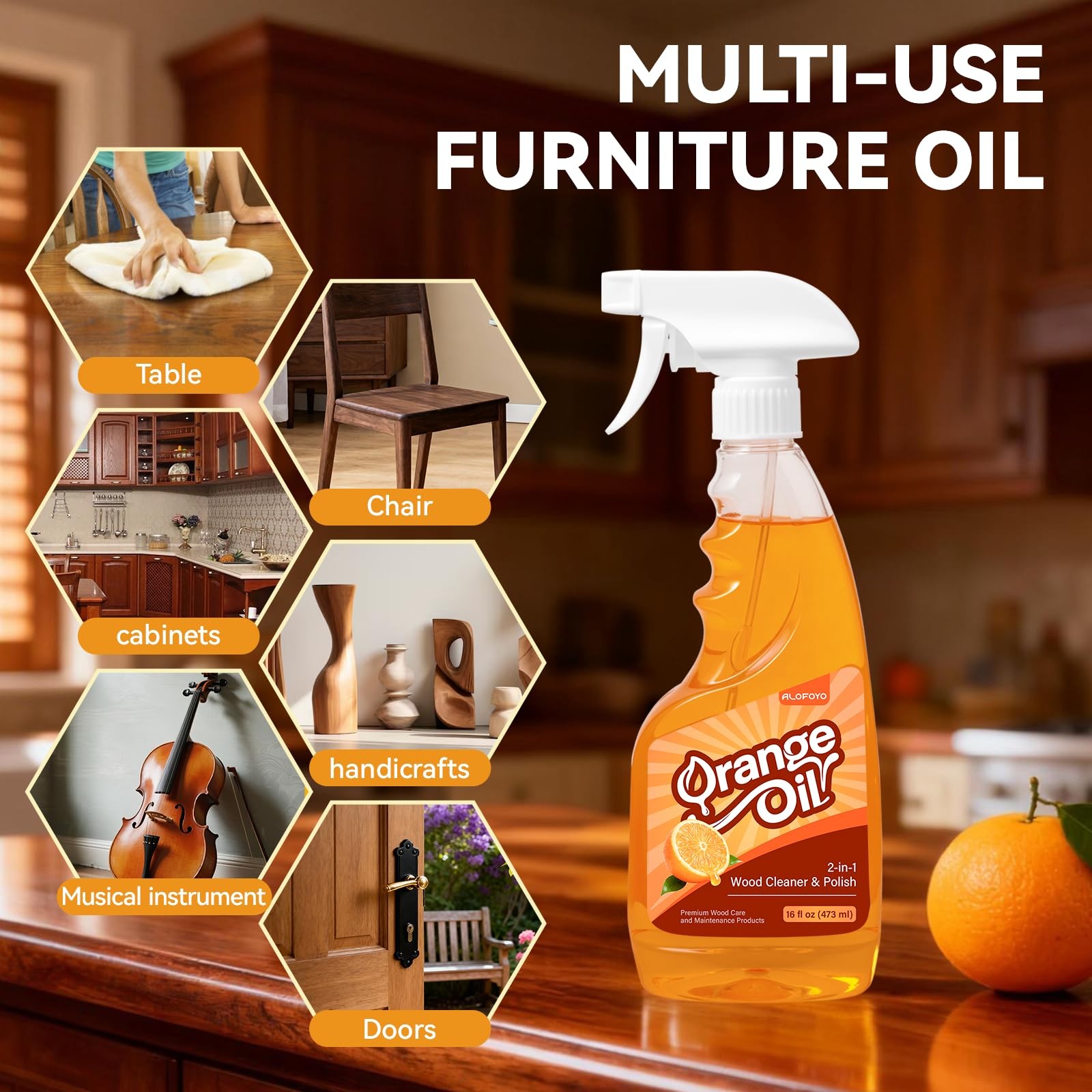 2-in-1 Furniture Polish Wood Cleaner – 2Pack Natural Orange Oil Spray Protect…