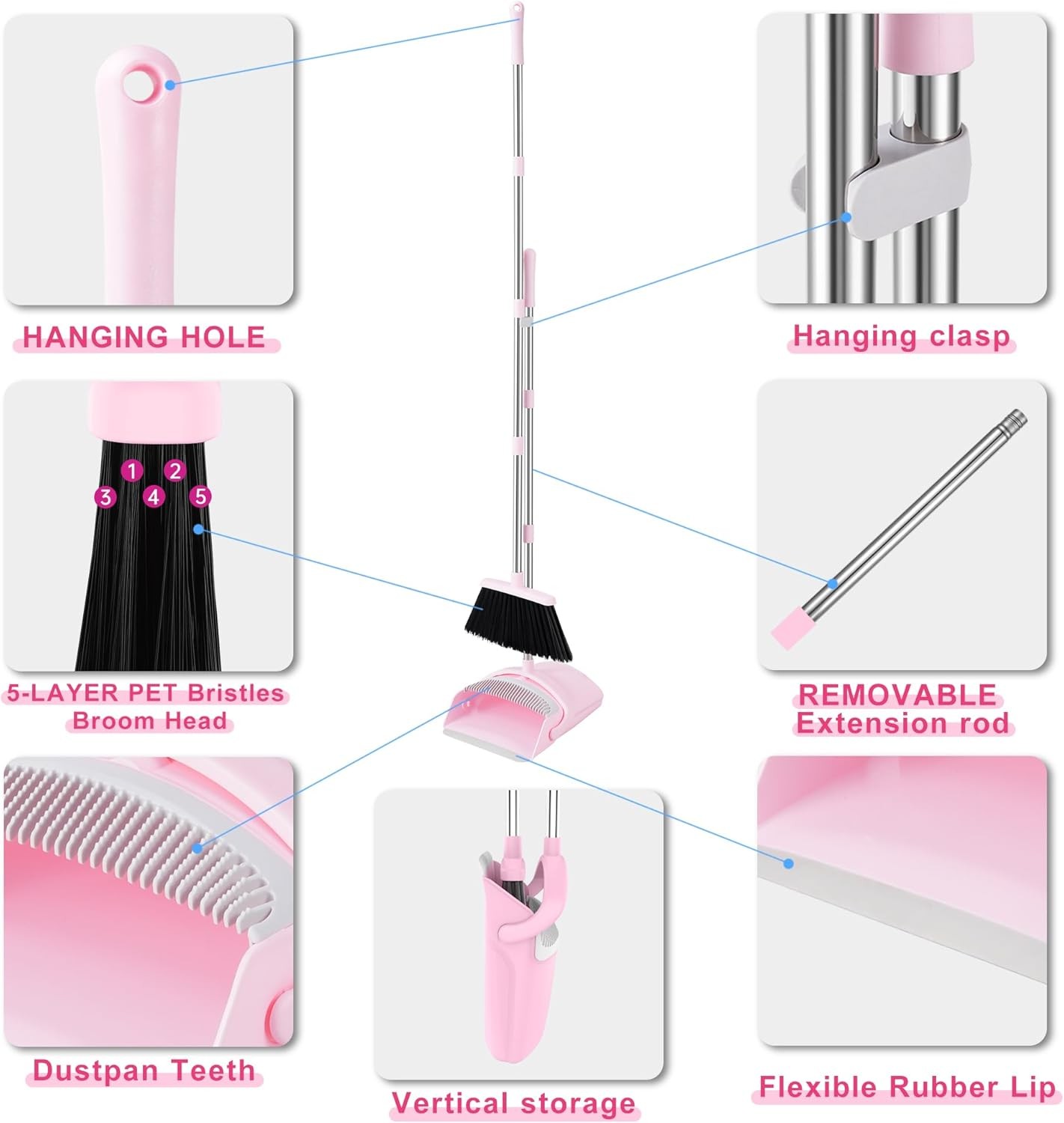 Pink Broom and Dustpan Set, 52-in Handle Broom Dustpan bo Set