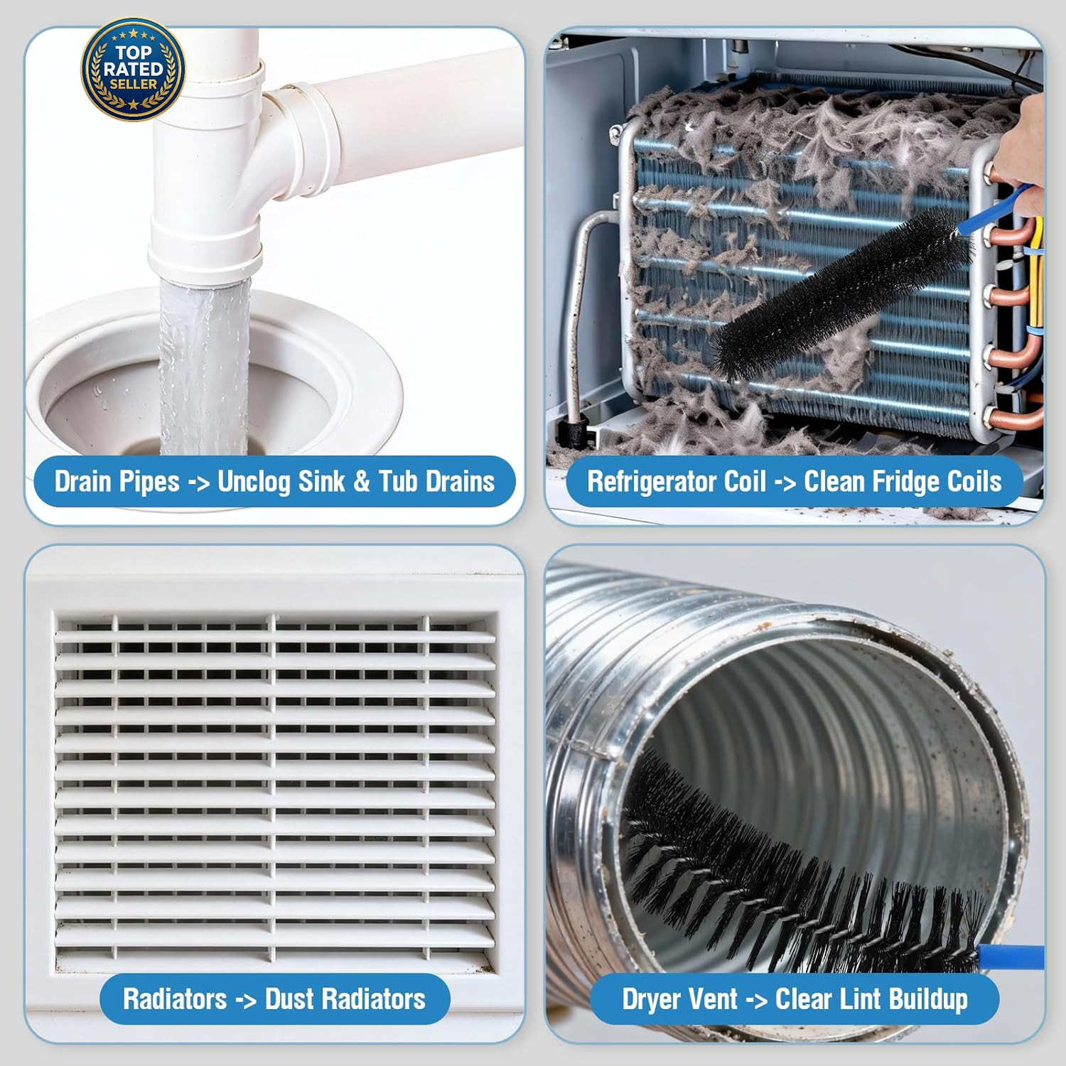 3PCS Drain Brush Set with Refrigerator Coil Cleaning Brush, Multi-Use Drain Clea