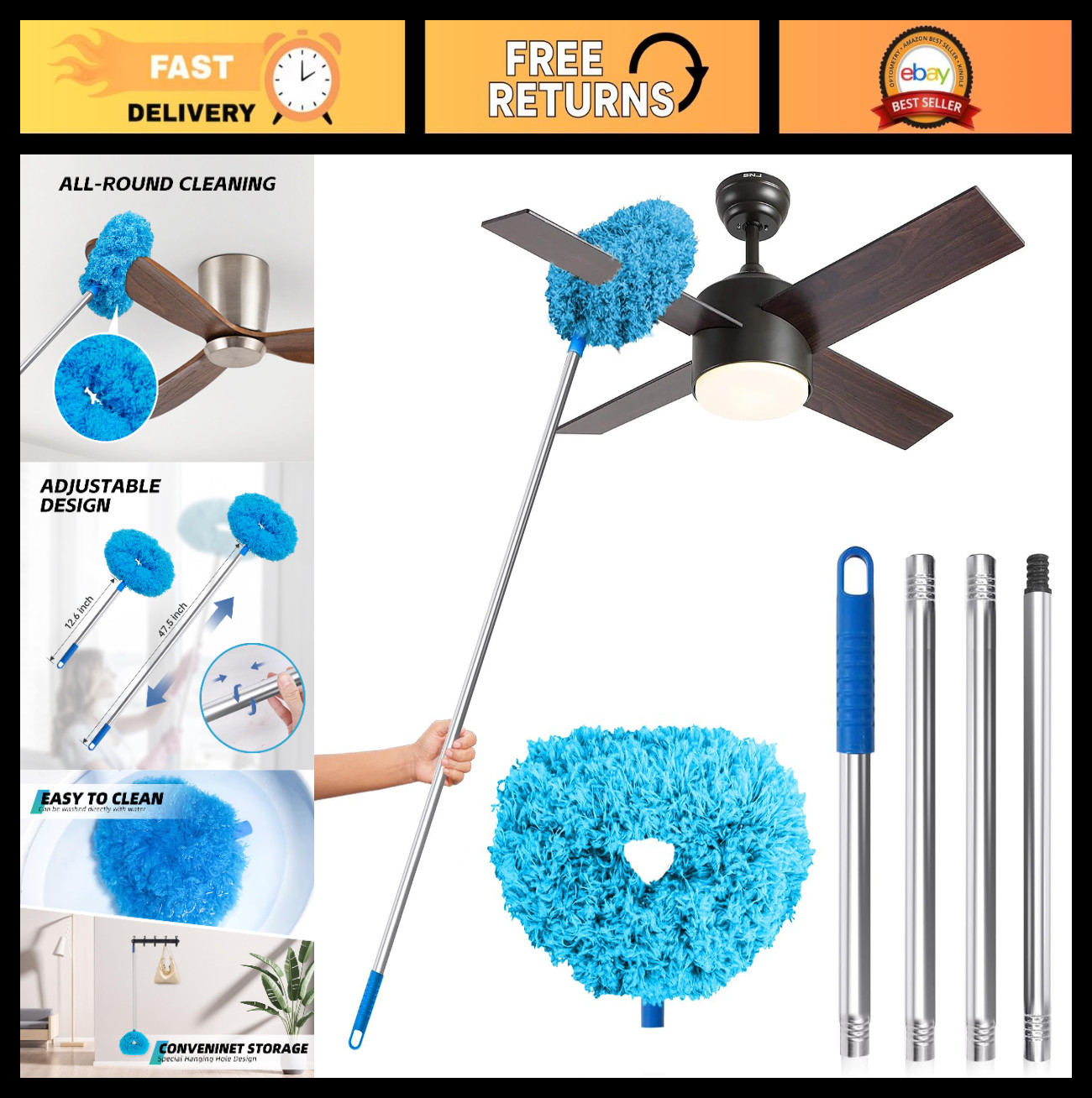 Ceiling Fan Cleaner Duster with Extension Pole, Reusable Microfiber, 13-48 Inch