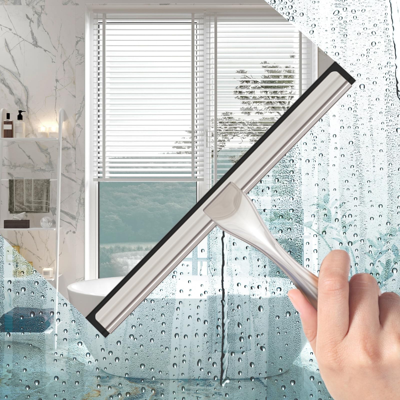 All-Purpose Stainless Steel Shower Squeegee for Glass Doors with Adhesive Hooks