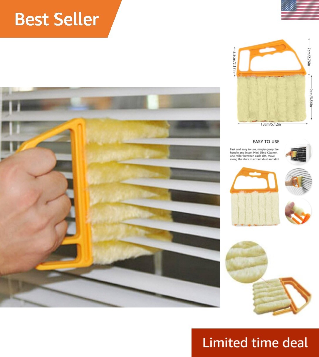 Compact Window Blind Cleaning Brush – 7 Slat Ergonomic Tool for Easy Dusting