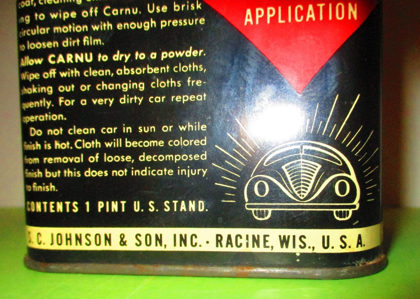 ORIGINAL COPYRIGHTED 1938 NEAR FULL TIN CAN OF JOHNSON’S CARNU BY JOHNSON’S WAX