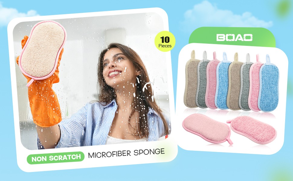 10 Pieces Multipose Kitchen Scrub Spons, Non-Scratch Microfiber