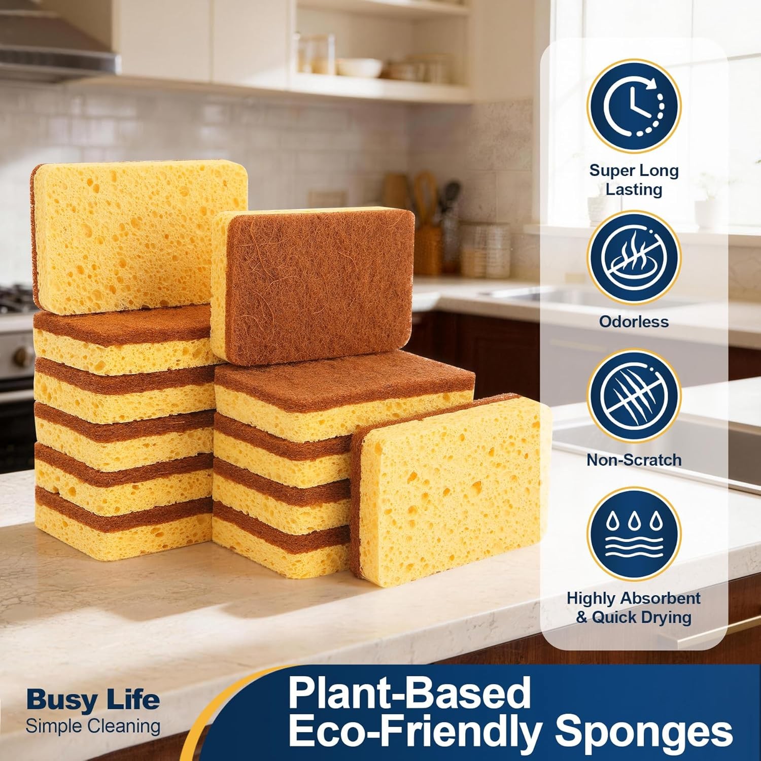 Cellulose Sponge 12 Pack Biodegradable Natural Kitchen Sponge Dual-Action
