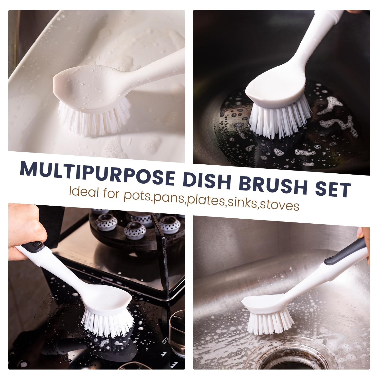 2 Pack Dish Brush with Handle Built-in Scraper Nylon Scrubber for Dishes