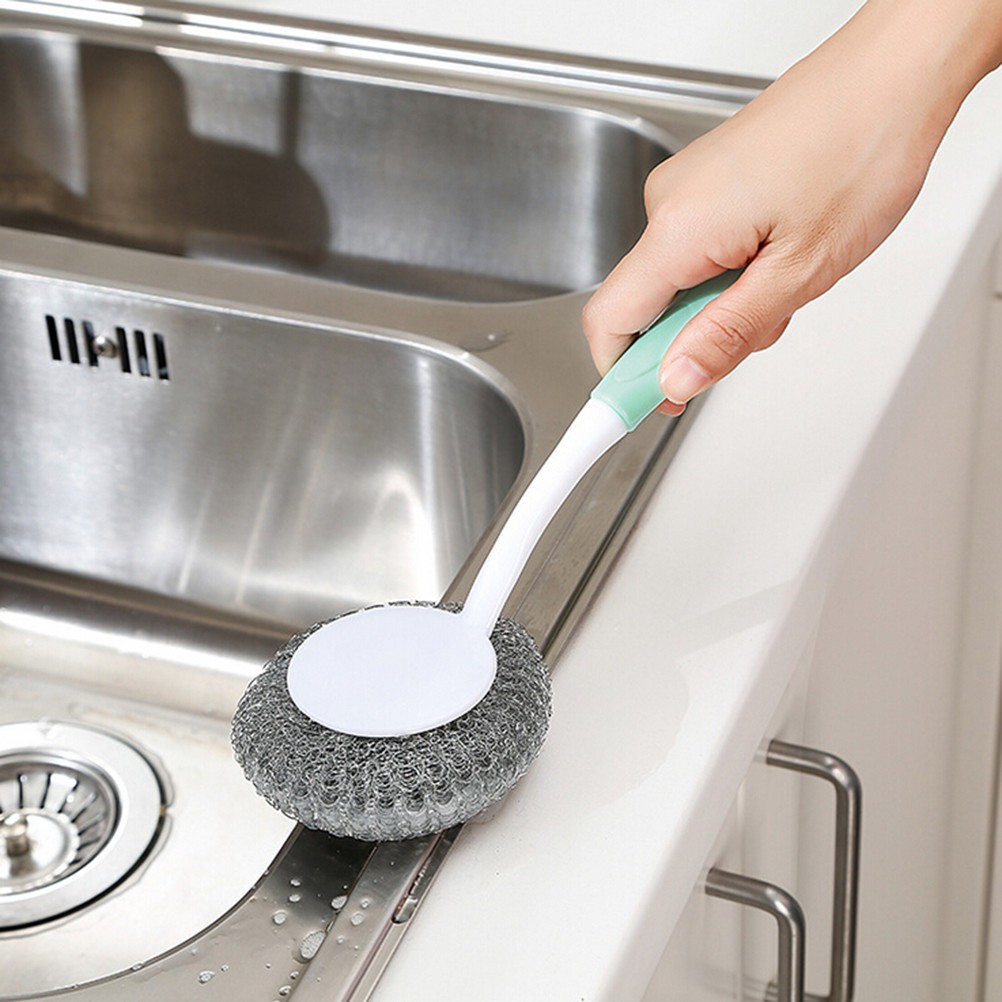 3Pcs Practical Kitchen Pot Dish Scrubber Steel Wire Brush with Non Slip Handle