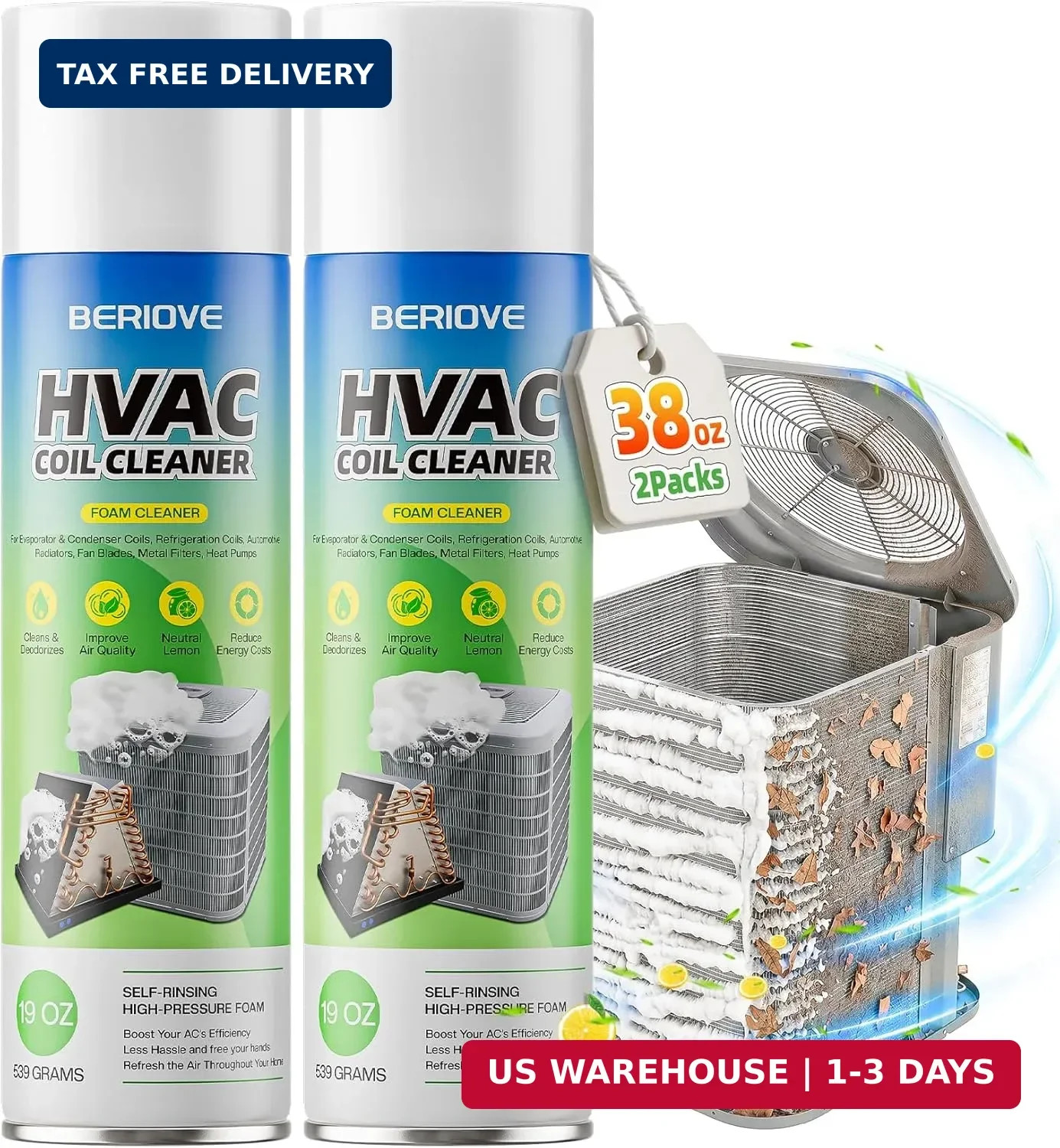 BERlOVE Foaming AC Coil Cleaner: 38oz Professional High-Efficiency Formula, Quic