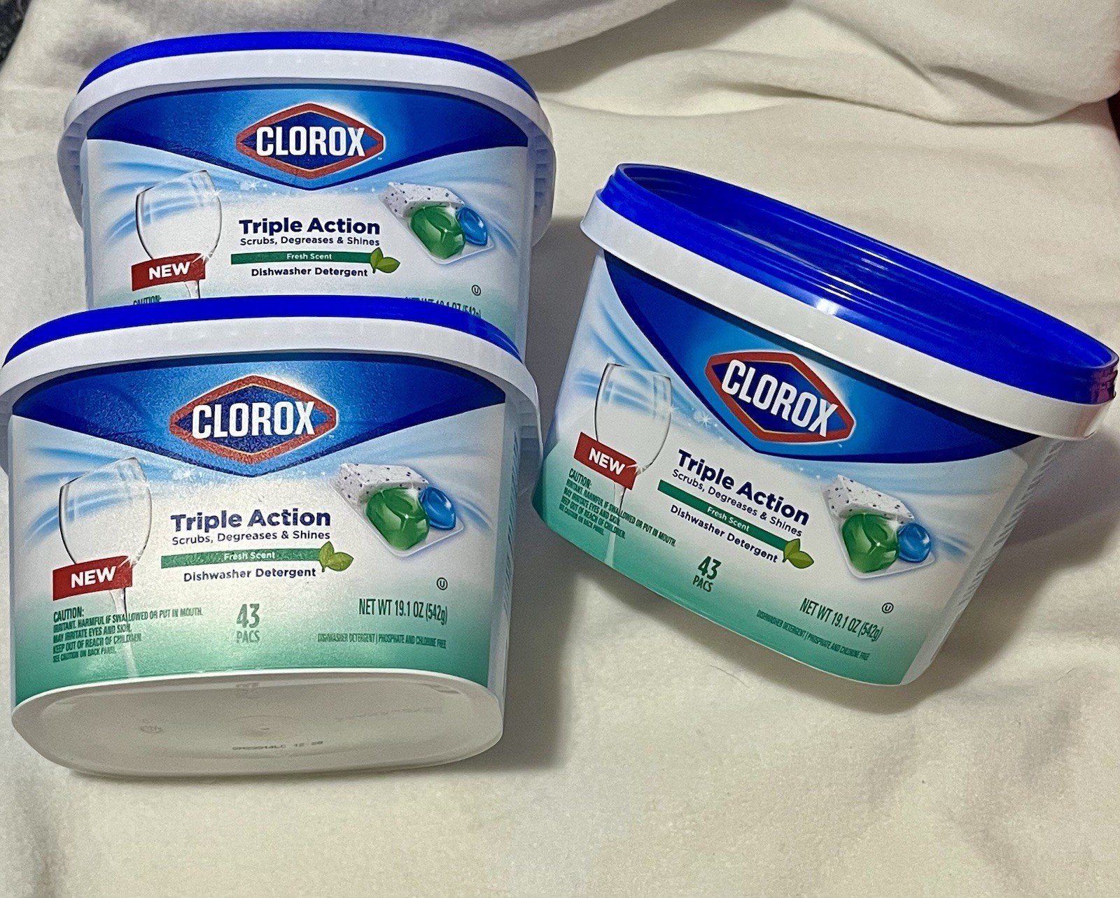 Lot of 3 Clorox Triple Action Dishwashing Detergent-Fresh Scent 43 Pacs 129 Pacs
