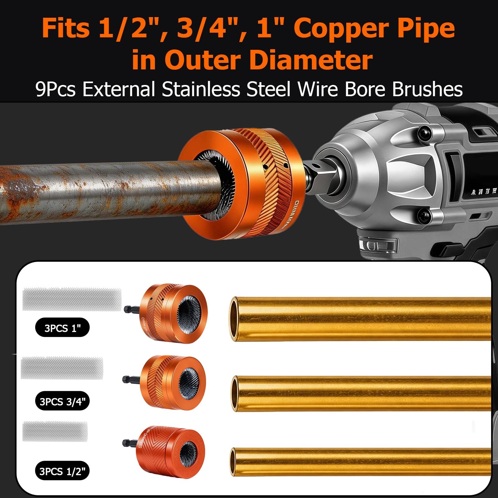 1/2″ & 3/4″ & 1″ Metal Copper Pipe Cleaner Set, with 1/4 Hex Shank, Each Size…