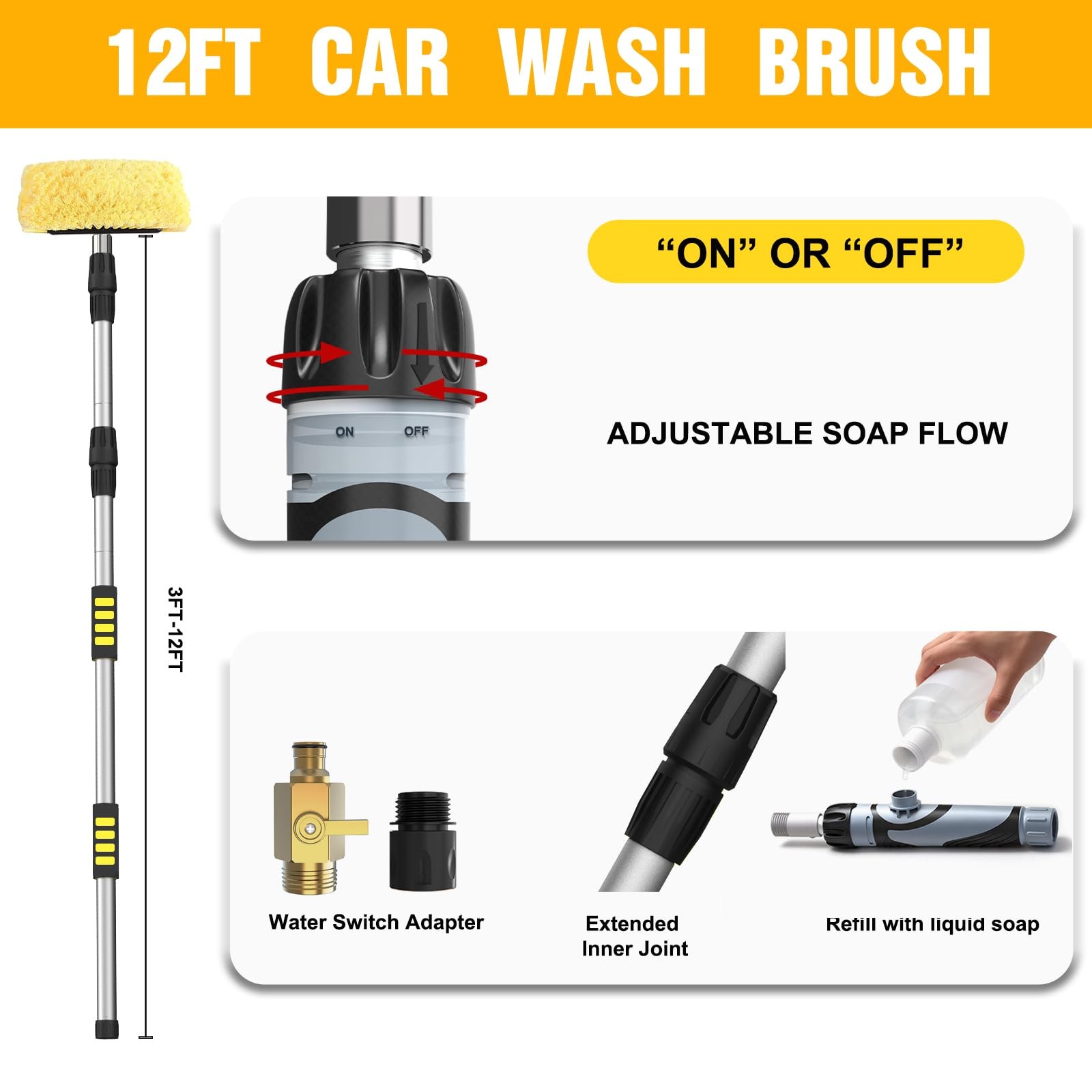 12FT Car Wash Brush with Long Handle, Soft Bristles & Soap Dispenser