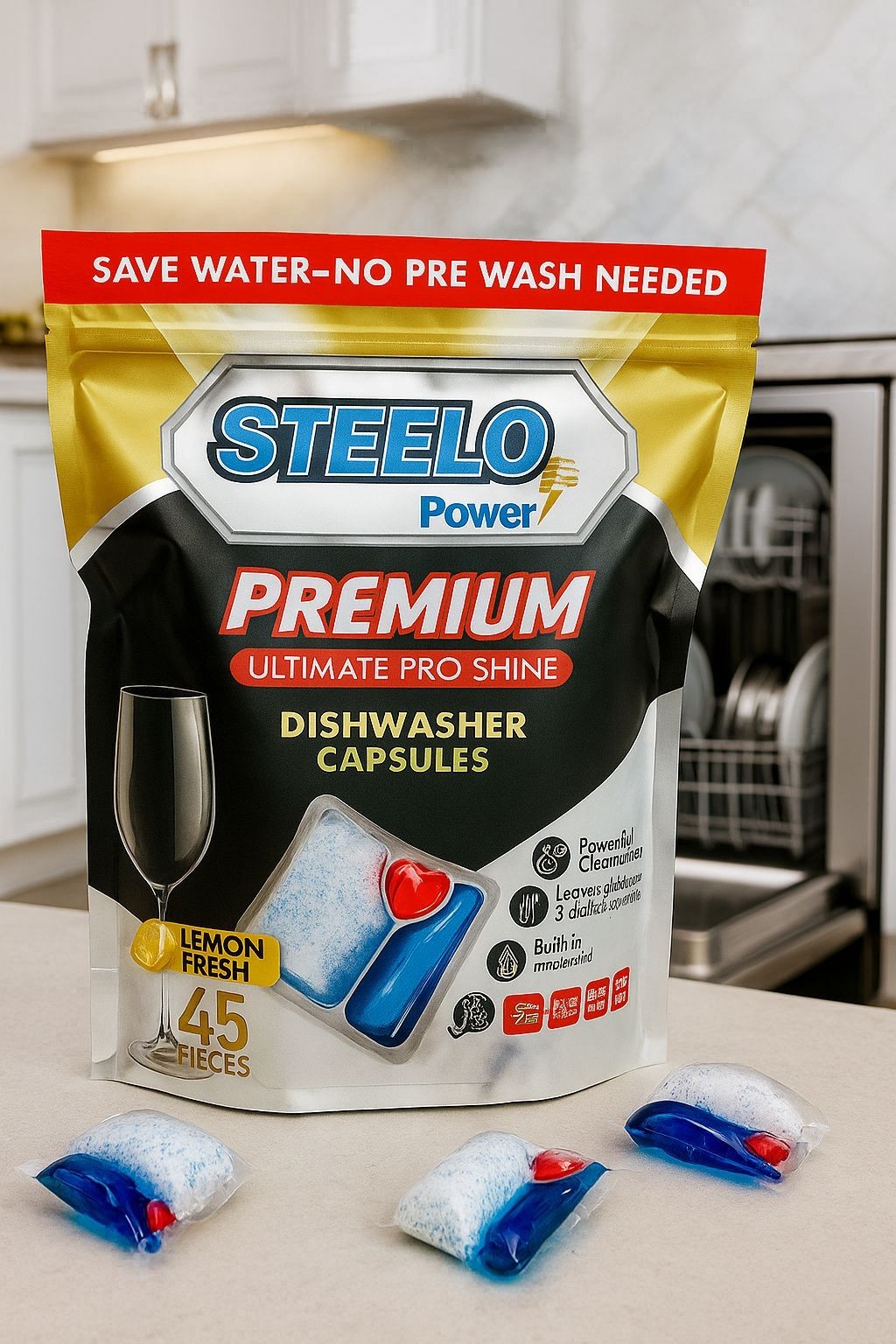 Steelo Power Premium Dishwasher Capsules 45 Pcs Lemon Fresh Ultimate Pro Shine
