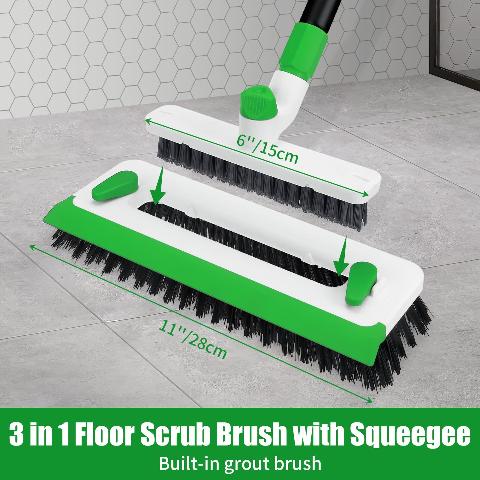 Floor Scrub Brush with Long Handle, 3-in-1 Scrape Scrubber Brush with Squeege…