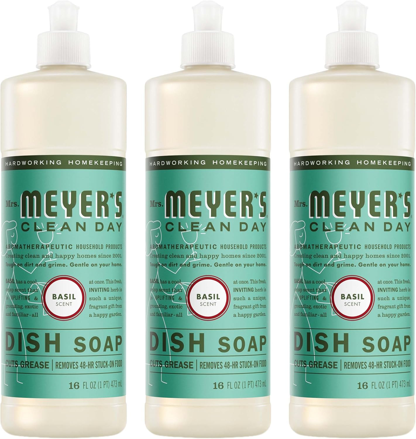 MRS. MEYER’S CLEAN DAY Liquid Dish Soap, Basil Scent, 16 Fl Oz Bottle – 3 Pack
