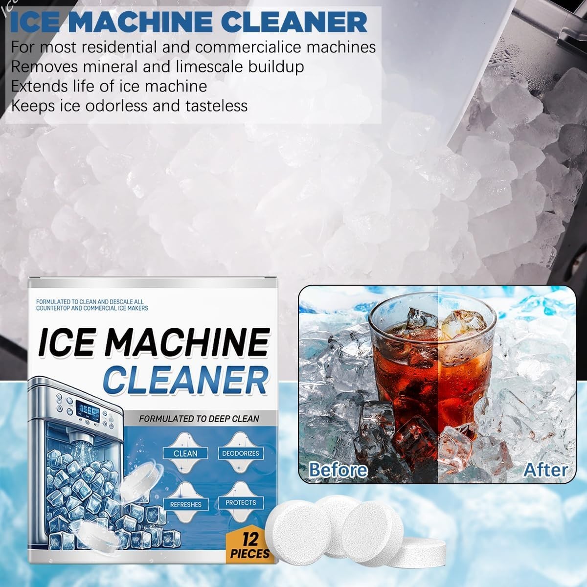Ice Machine Cleaner Maker Descaler 24 Clean Tablets for Ice Makers Bulk 1 New