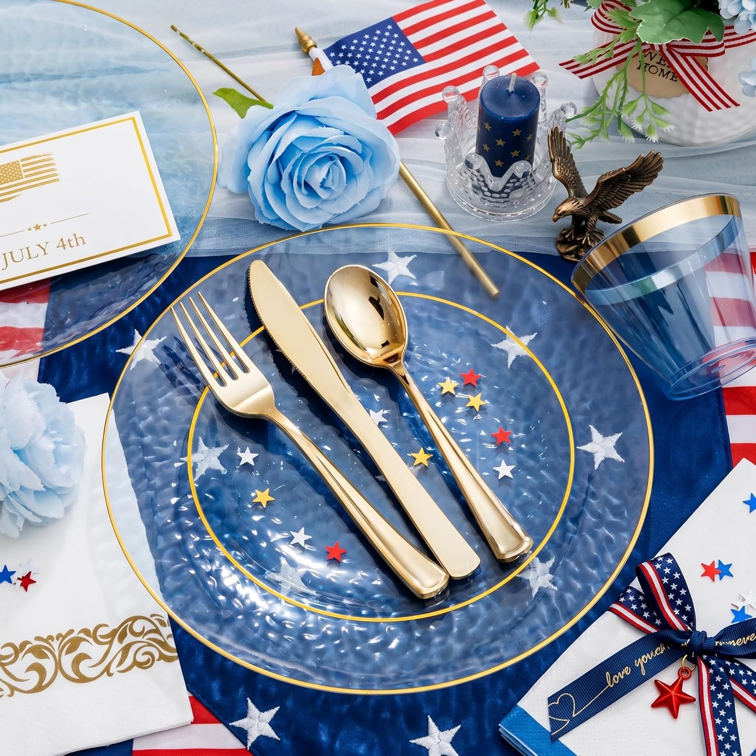 175PCS Clear Blue Gold Plastic Dinnerware Set for 25 Guests, Hammered Disposable