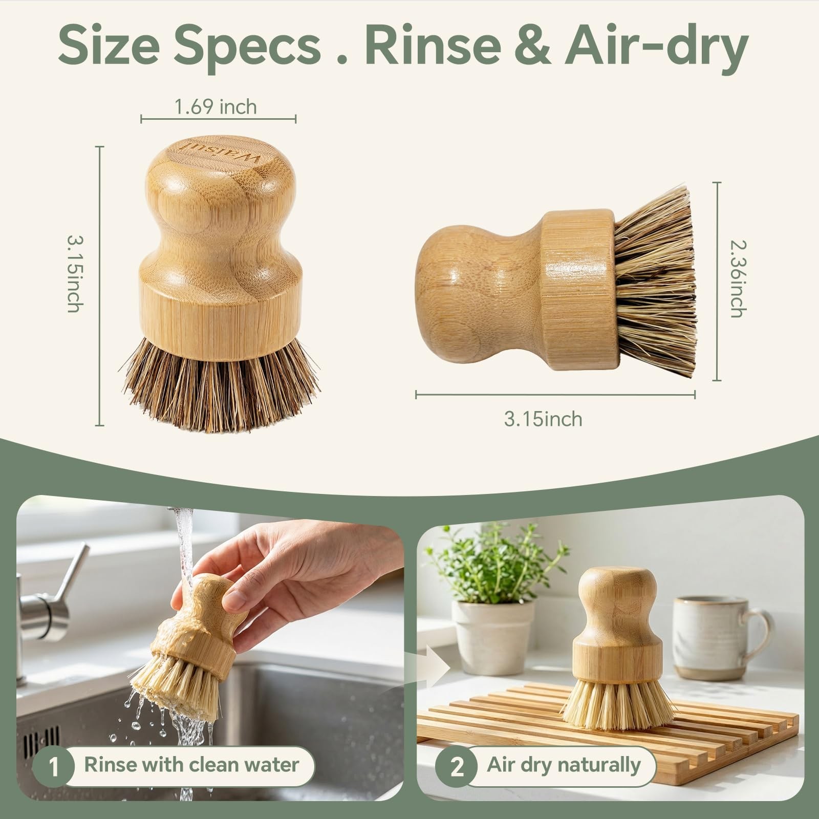 Bamboo Dish Brush Set, 4 Pack, Plastic-Free (2 Medium Sisal, 2 Firm Coconut C…