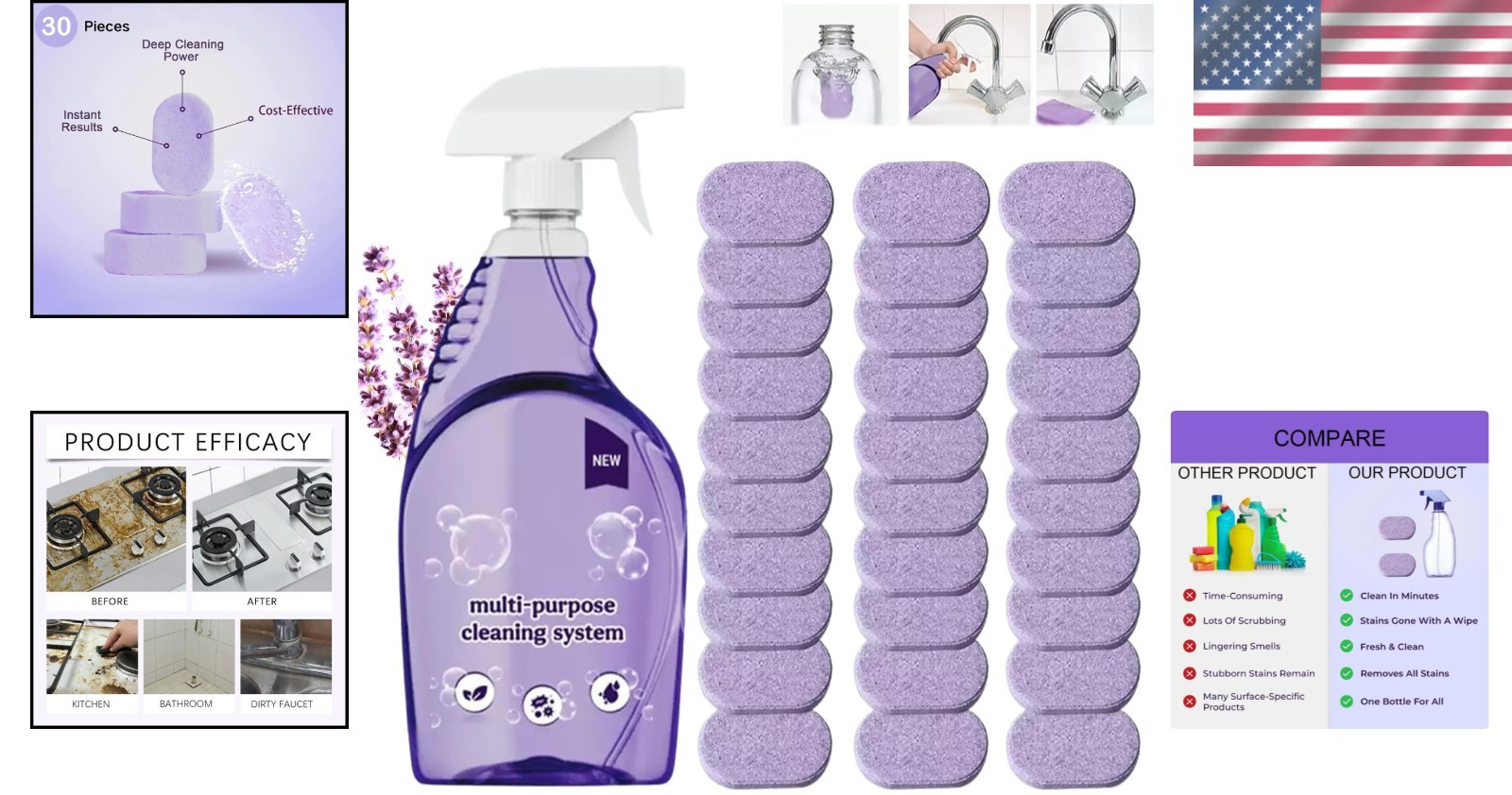 All-In-One All-Purpose Cleaner Spray with Aloe Vera – 1 Bottle + 30 Tablets